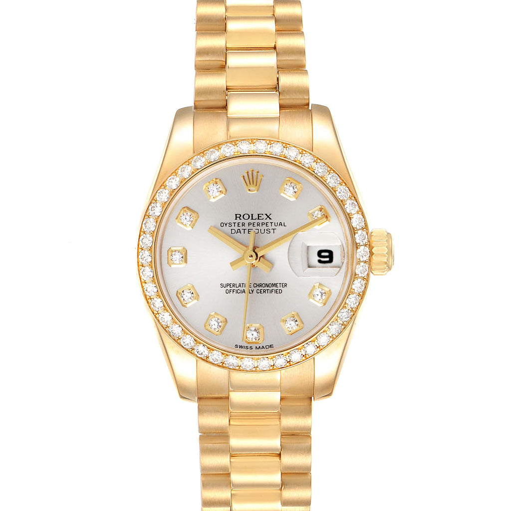 Rolex President Yellow Gold Silver Dial Diamond Ladies Watch 179138