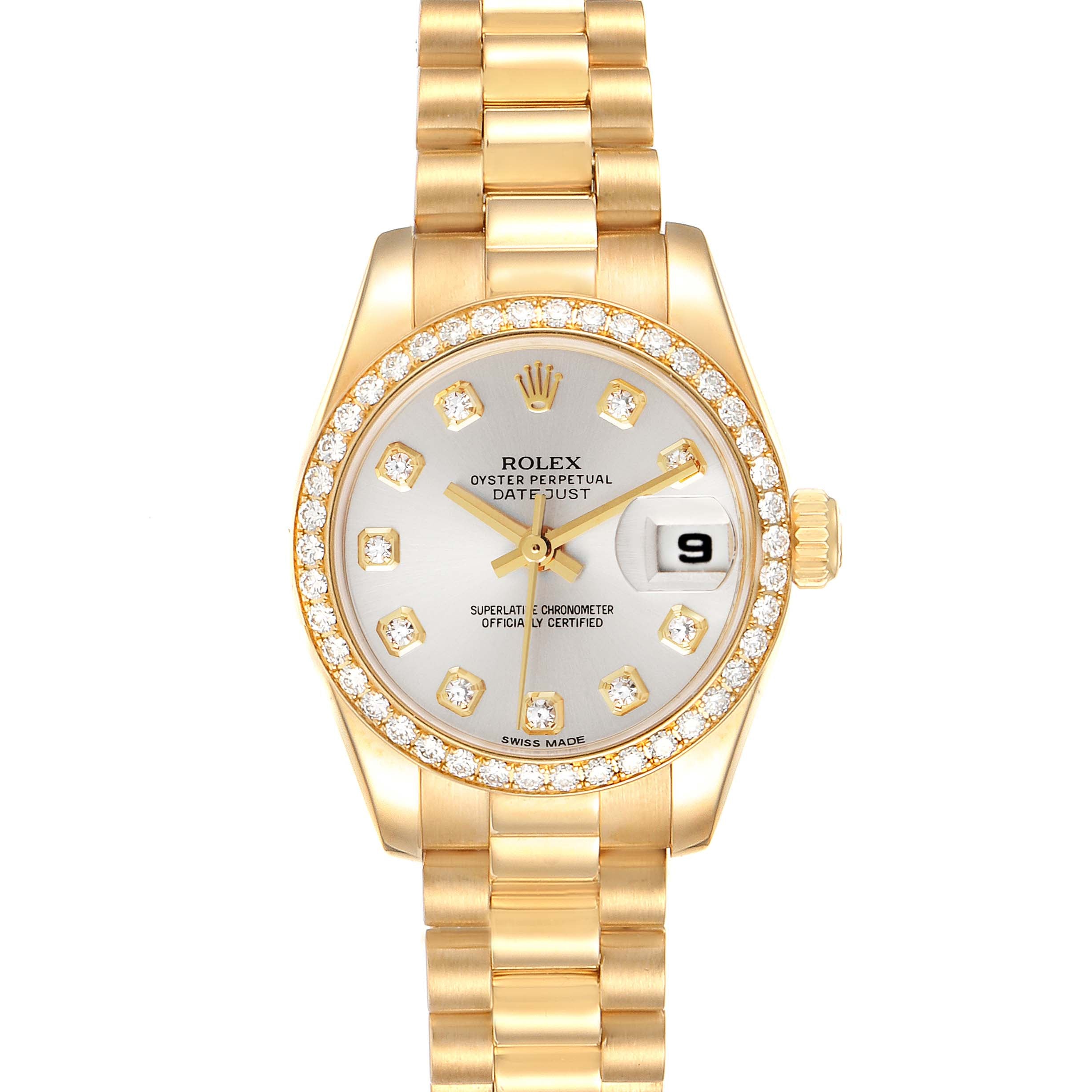 Rolex President Yellow Gold Silver Dial Diamond Ladies Watch 179138