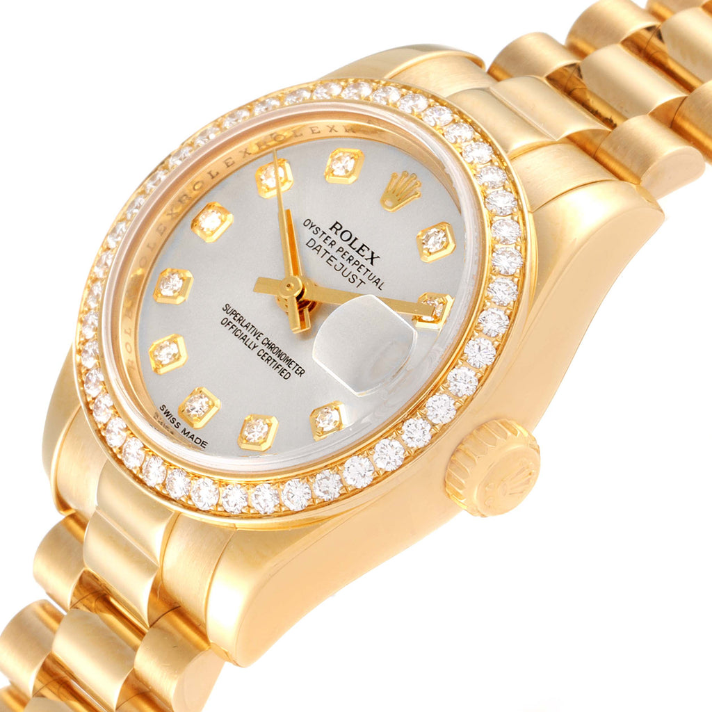 Rolex President Yellow Gold Silver Dial Diamond Ladies Watch 179138