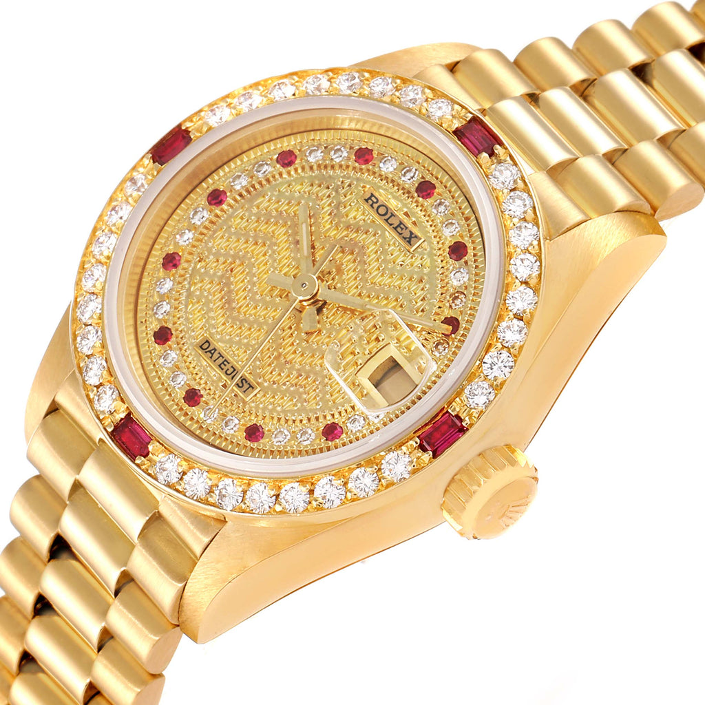 Rolex President Yellow Gold String Missoni Dial Diamond Ruby Missoni Dial Watch 69068