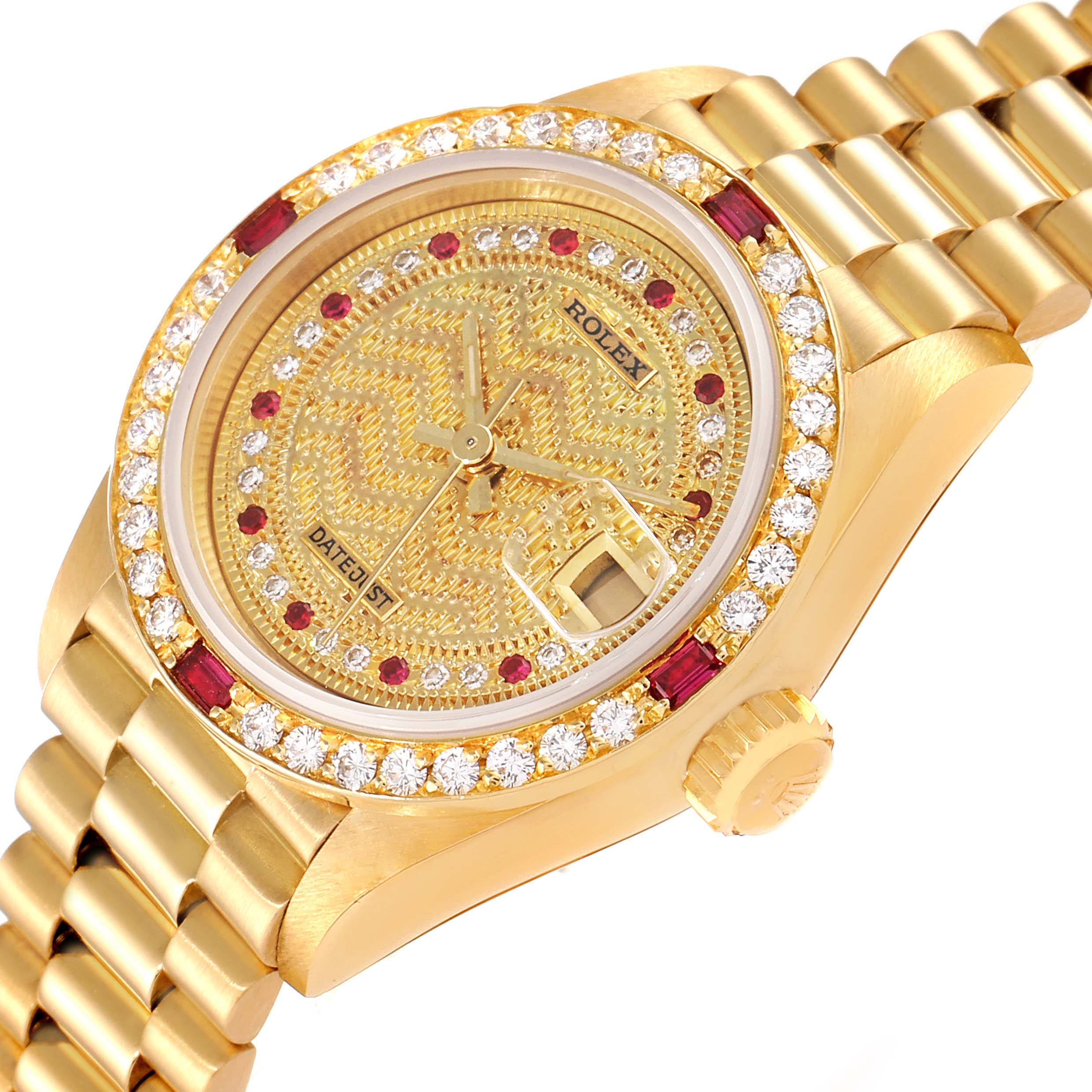 Rolex President Yellow Gold String Missoni Dial Diamond Ruby Missoni Dial Watch 69068