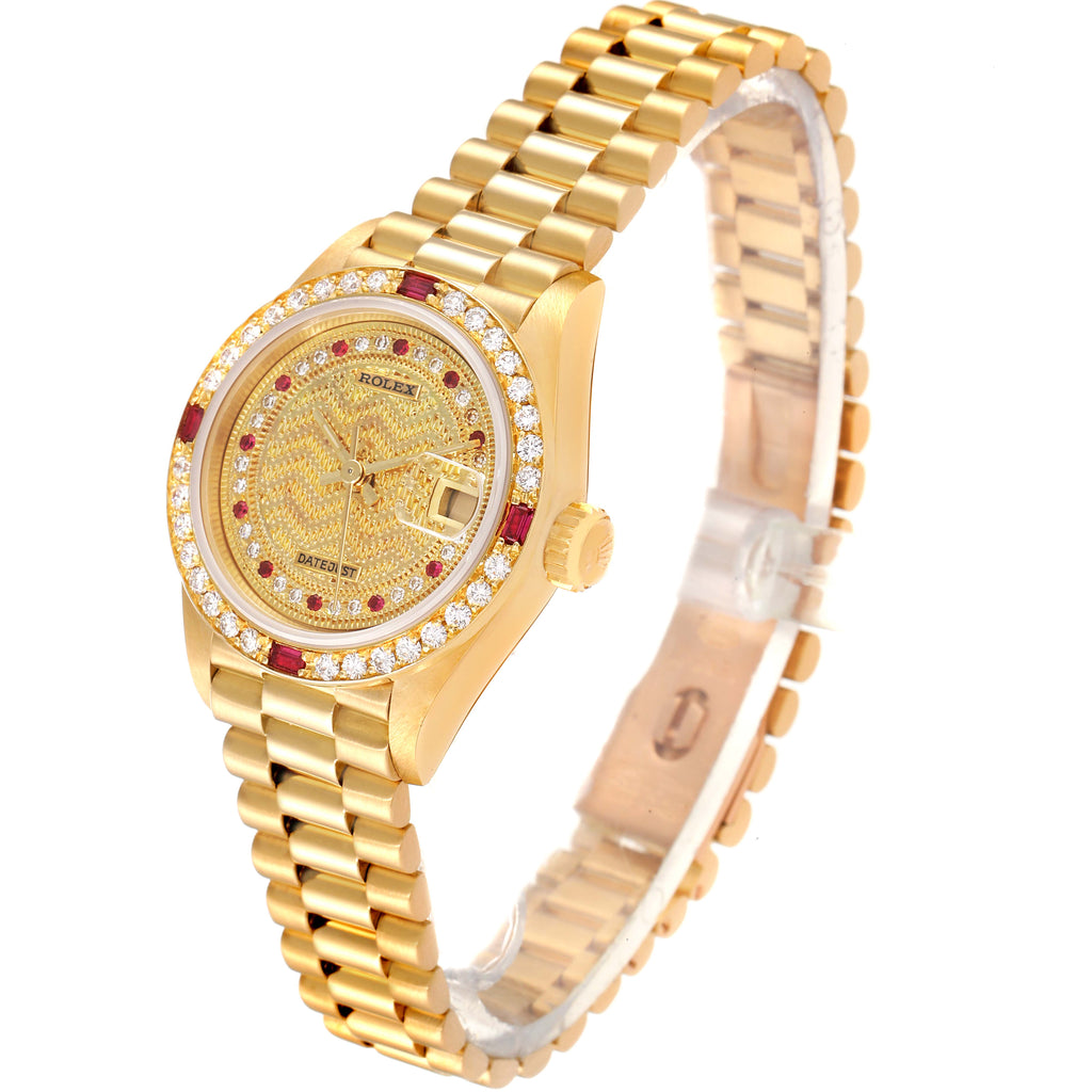 Rolex President Yellow Gold String Missoni Dial Diamond Ruby Missoni Dial Watch 69068