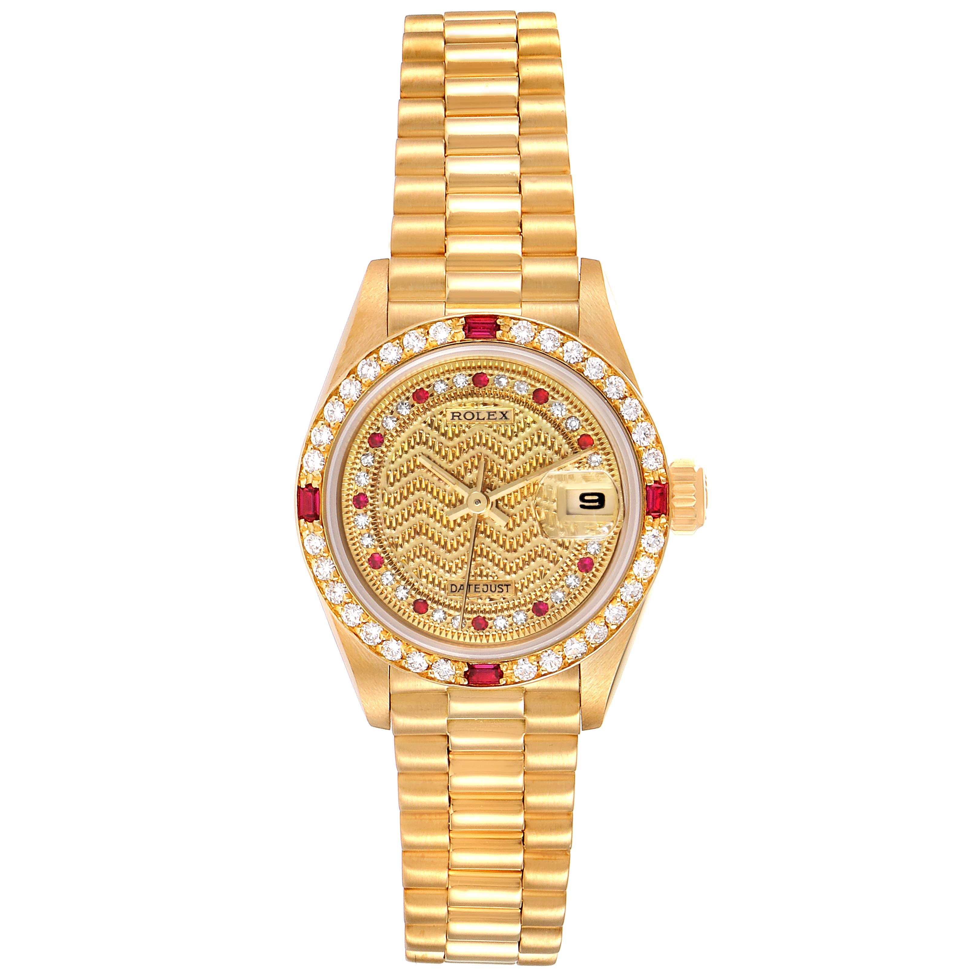 Rolex President Yellow Gold String Missoni Dial Diamond Ruby Missoni Dial Watch 69068