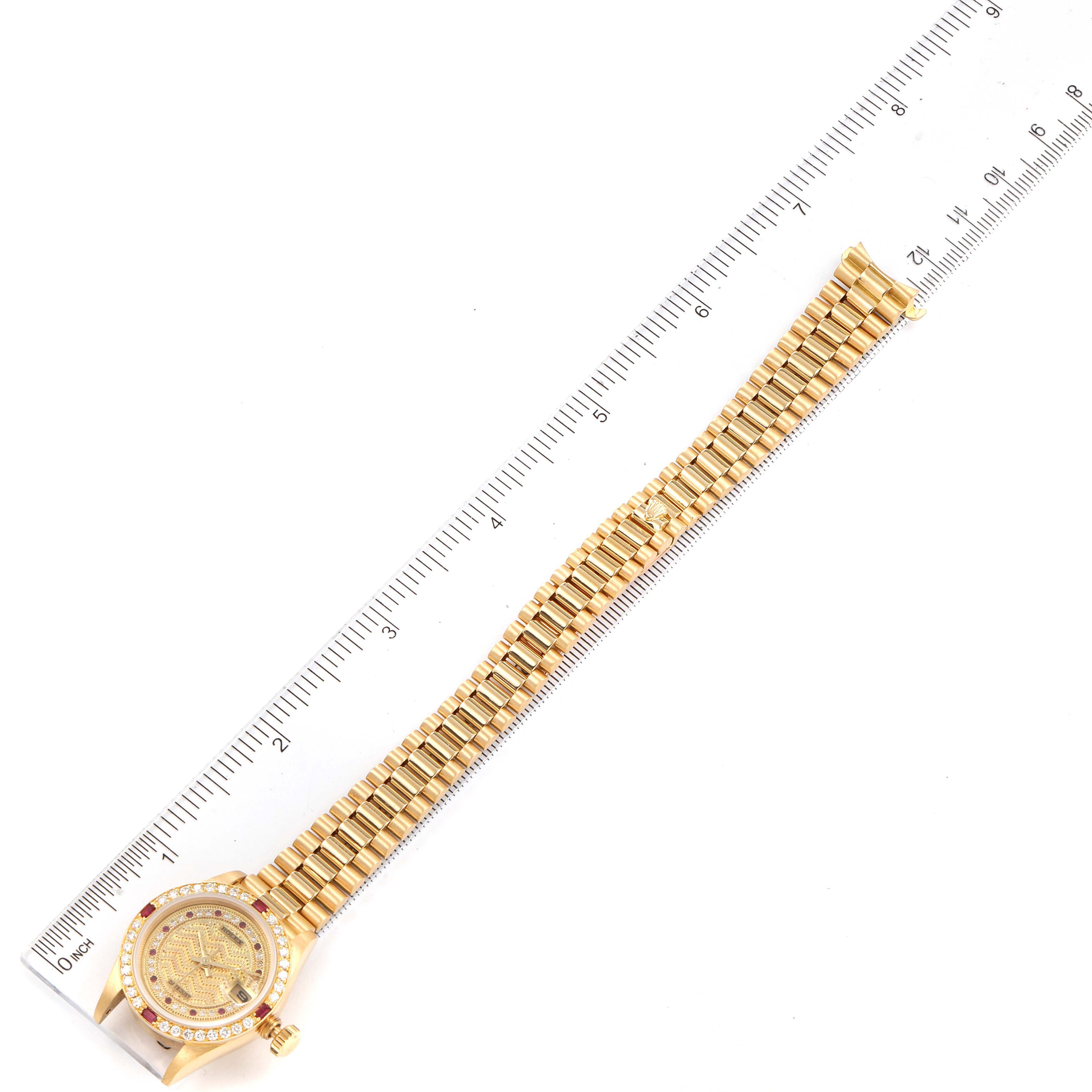Rolex President Yellow Gold String Missoni Dial Diamond Ruby Missoni Dial Watch 69068