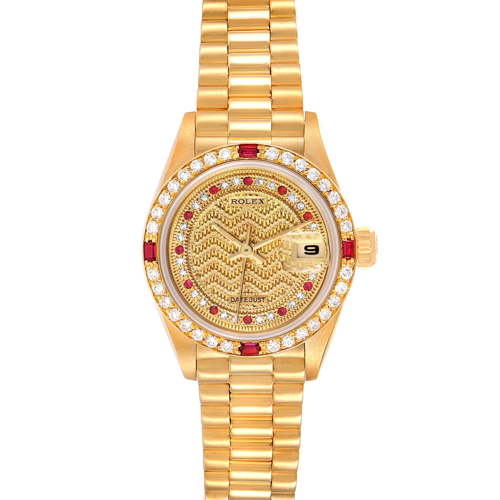 Rolex President Yellow Gold String Missoni Dial Diamond Ruby Missoni Dial Watch 69068