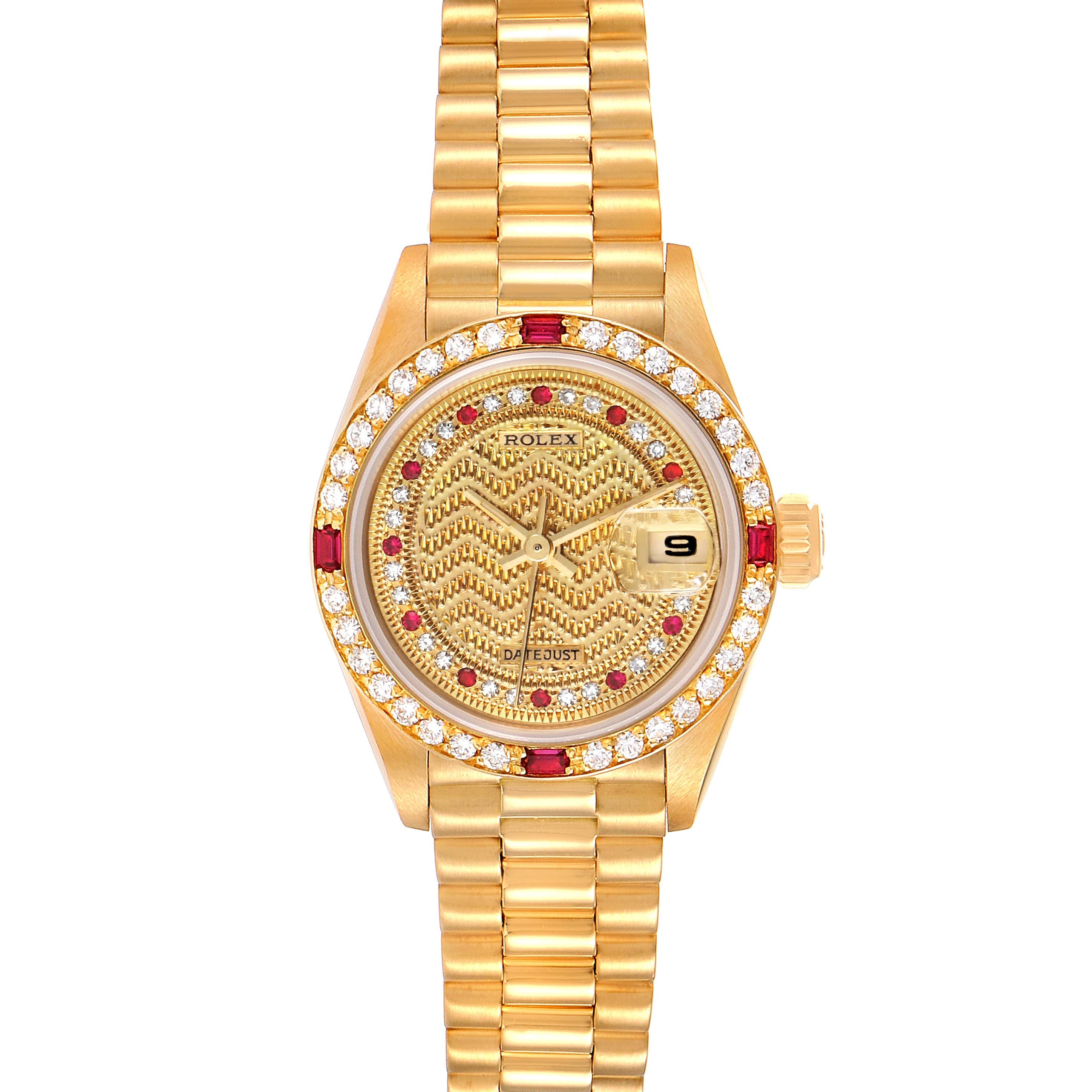 Rolex President Yellow Gold String Missoni Dial Diamond Ruby Missoni Dial Watch 69068