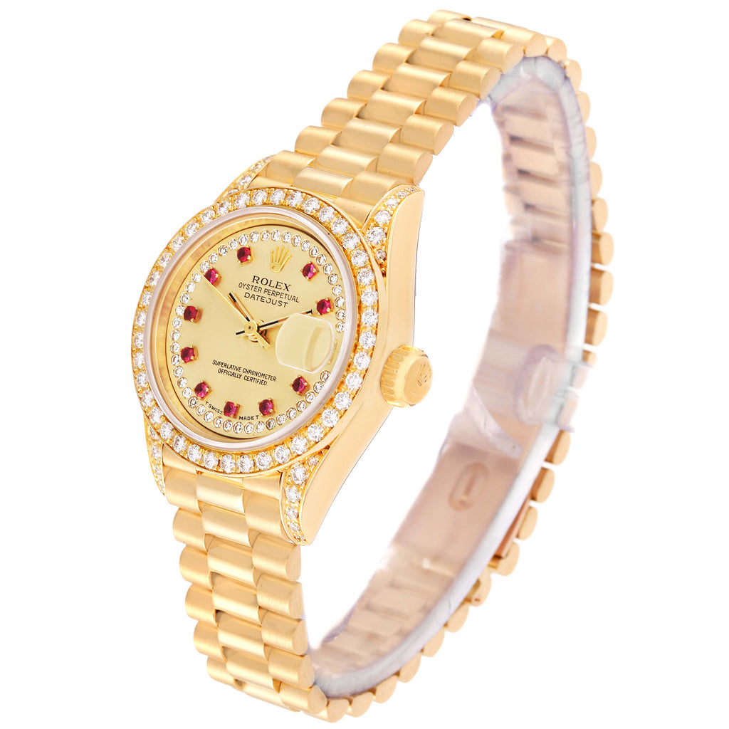 Rolex President Yellow Gold String Diamond Ruby Dial Ladies Watch 69158