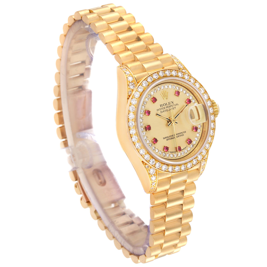 Rolex President Yellow Gold String Diamond Ruby Dial Ladies Watch 69158