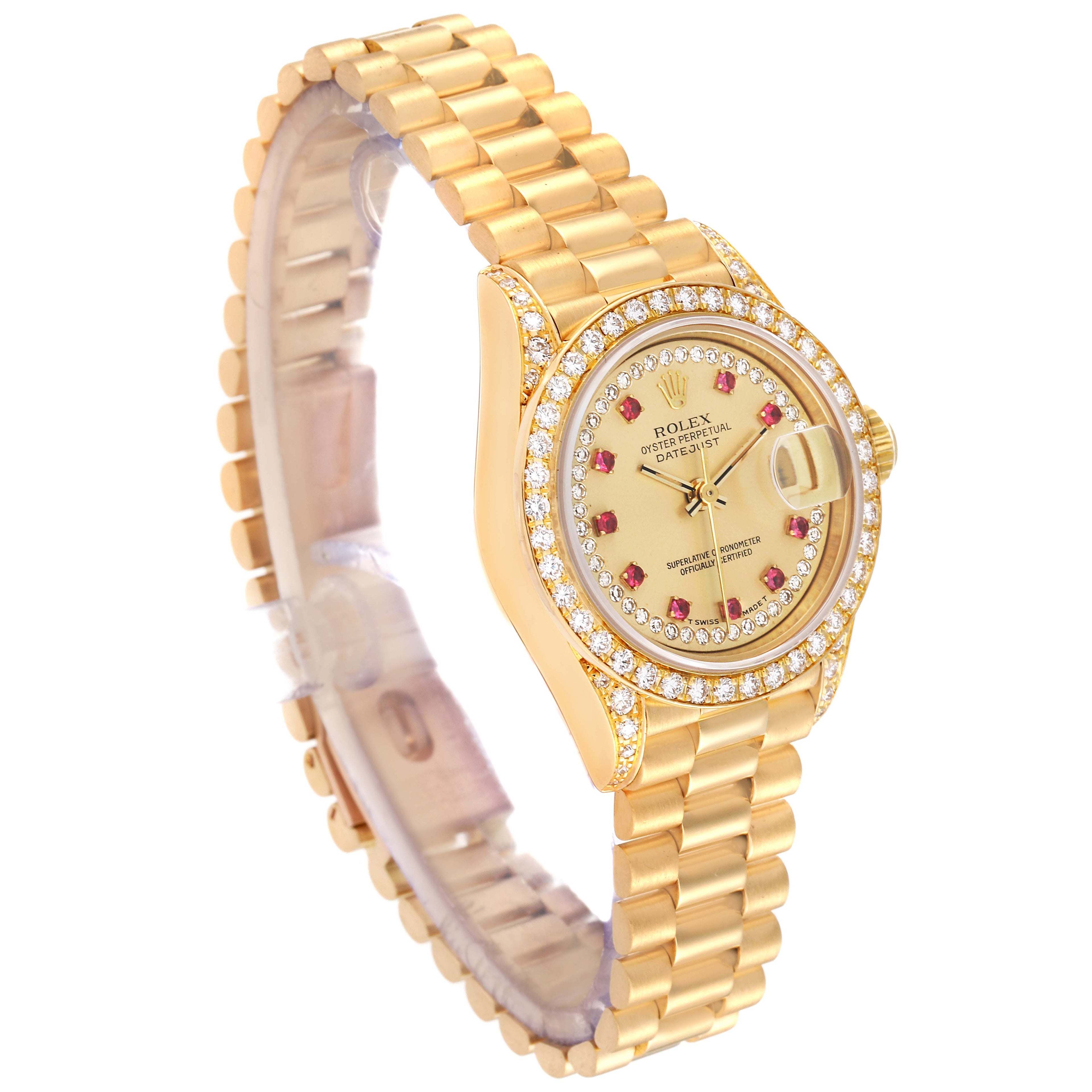 Rolex President Yellow Gold String Diamond Ruby Dial Ladies Watch 69158