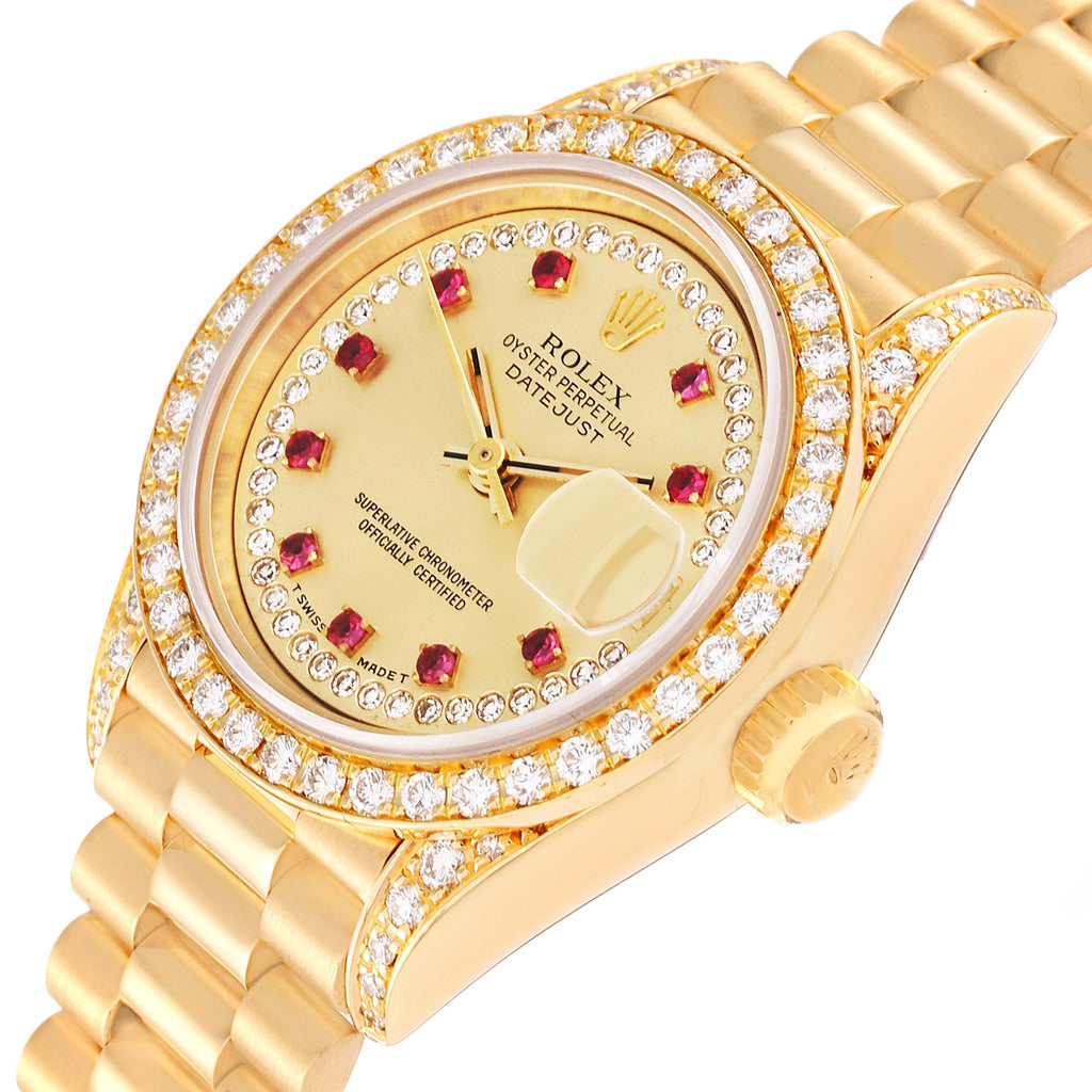 Rolex President Yellow Gold String Diamond Ruby Dial Ladies Watch 69158