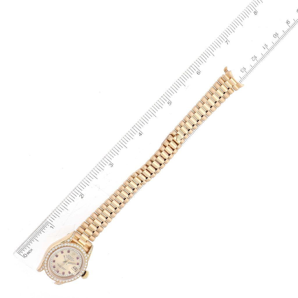 Rolex President Yellow Gold String Diamond Ruby Dial Ladies Watch 69158