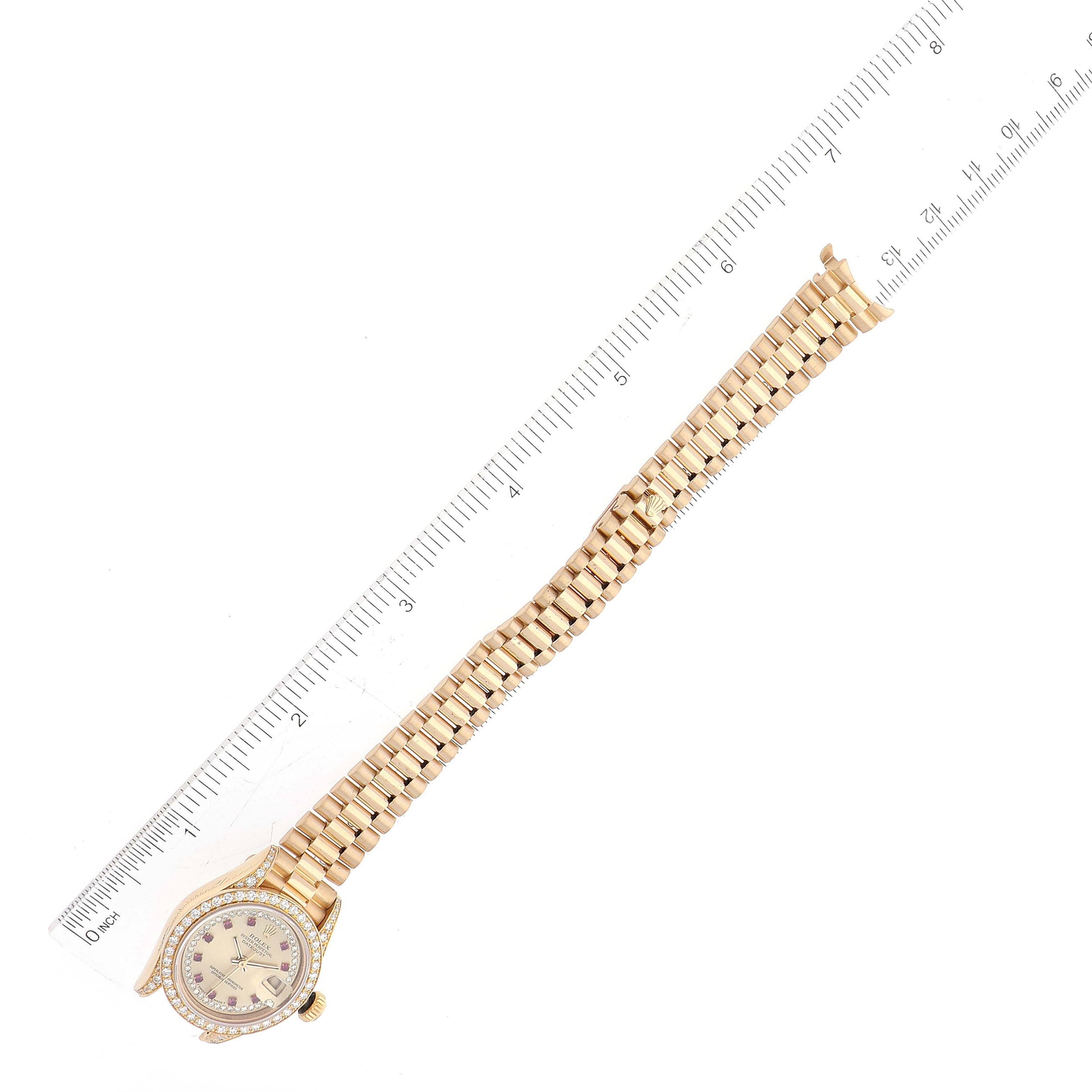 Rolex President Yellow Gold String Diamond Ruby Dial Ladies Watch 69158