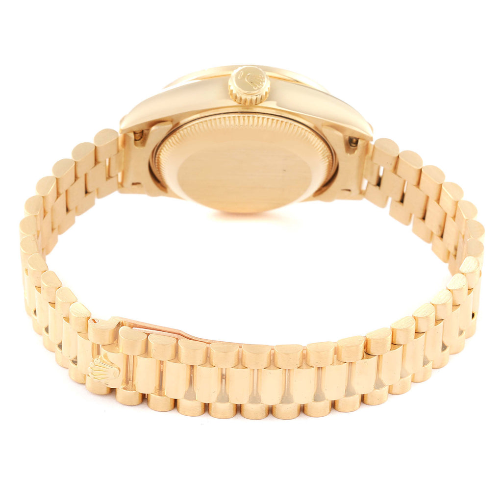 Rolex President Yellow Gold String Diamond Ruby Dial Ladies Watch 69158