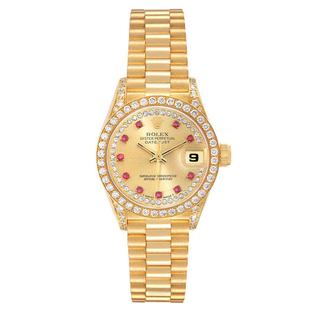 Rolex President Yellow Gold String Diamond Ruby Dial Ladies Watch 69158