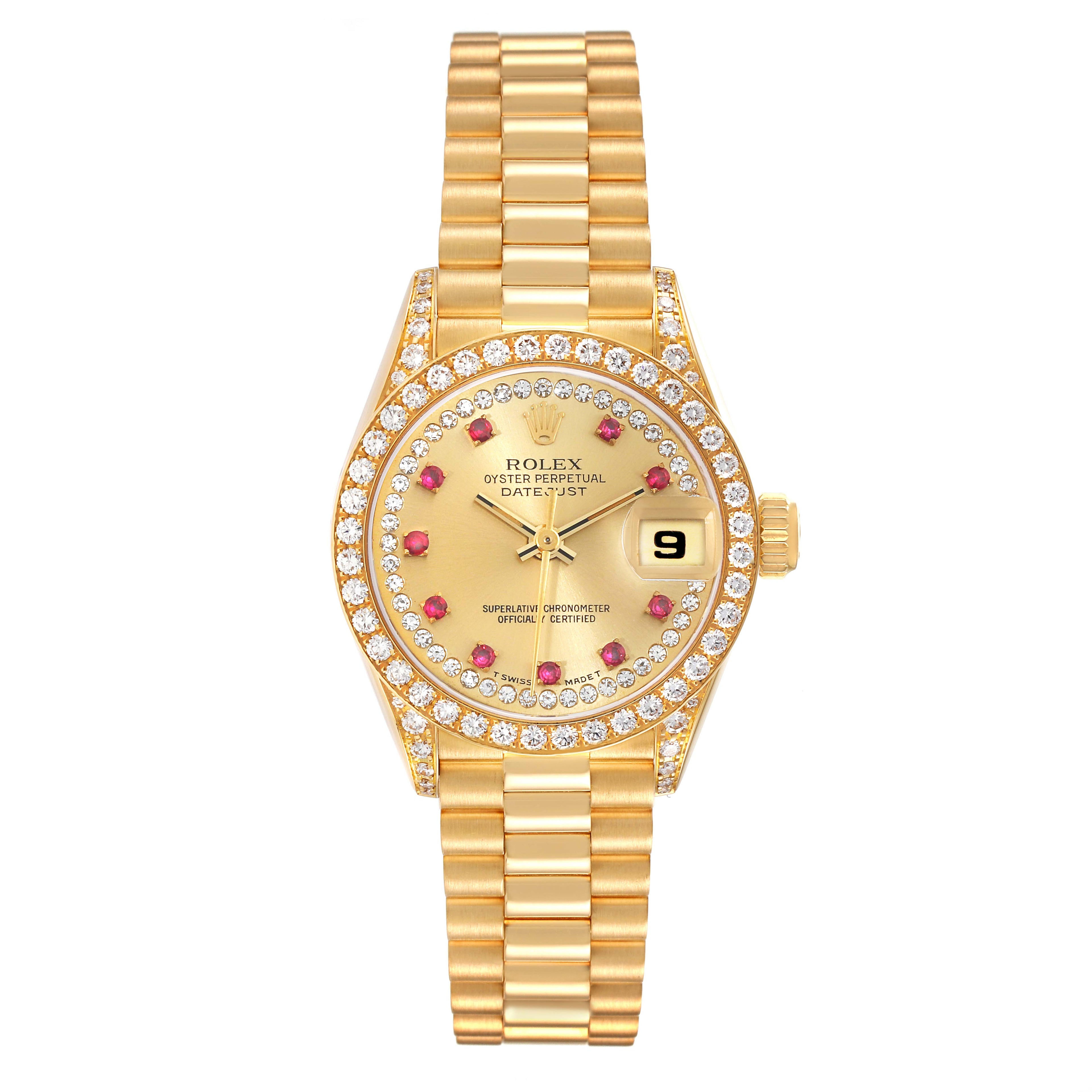 Rolex President Yellow Gold String Diamond Ruby Dial Ladies Watch 69158