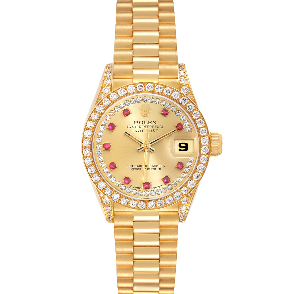 Rolex President Yellow Gold String Diamond Ruby Dial Ladies Watch 69158