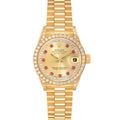 Rolex President Yellow Gold String Diamond Ruby Dial Ladies Watch 69158