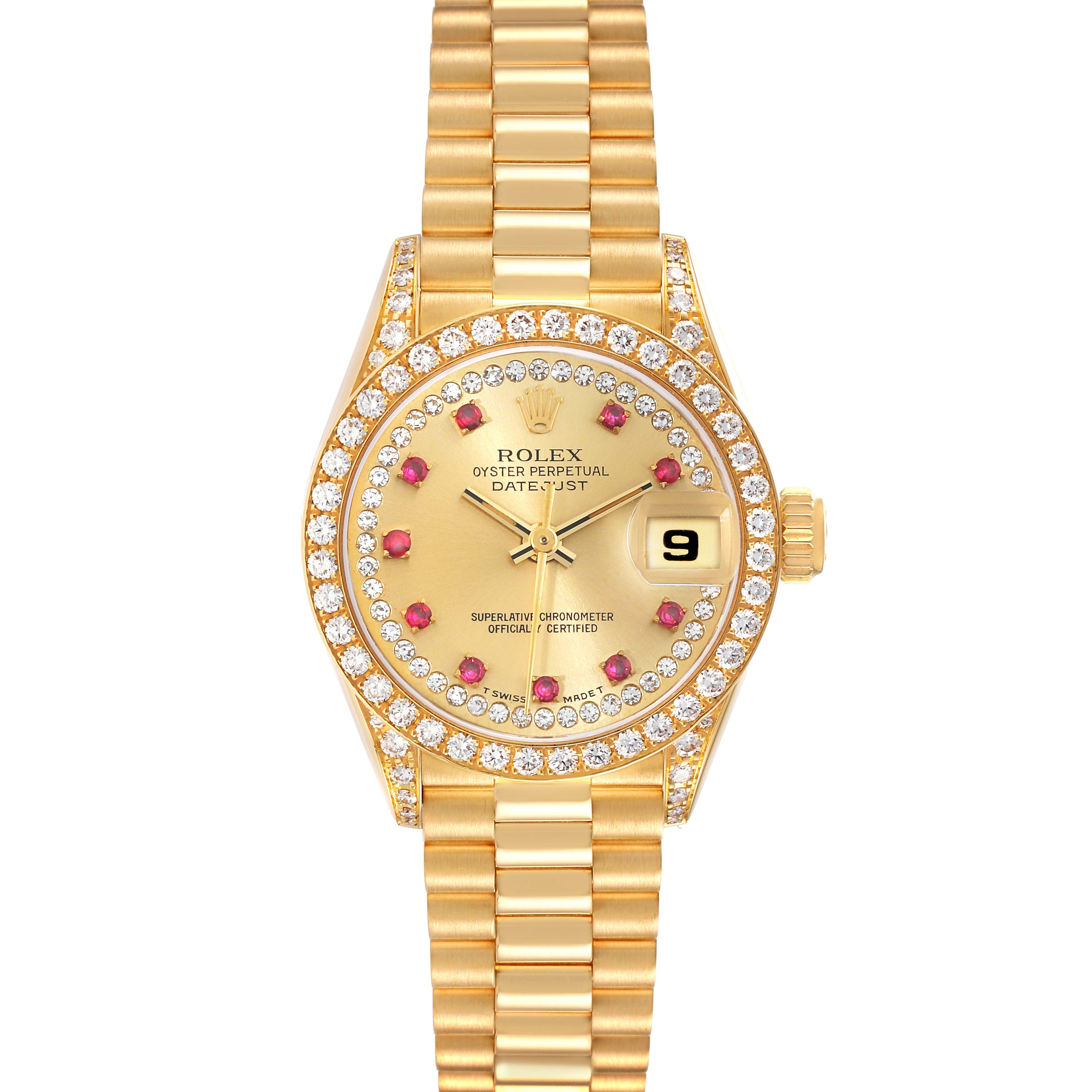 Rolex President Yellow Gold String Diamond Ruby Dial Ladies Watch 69158