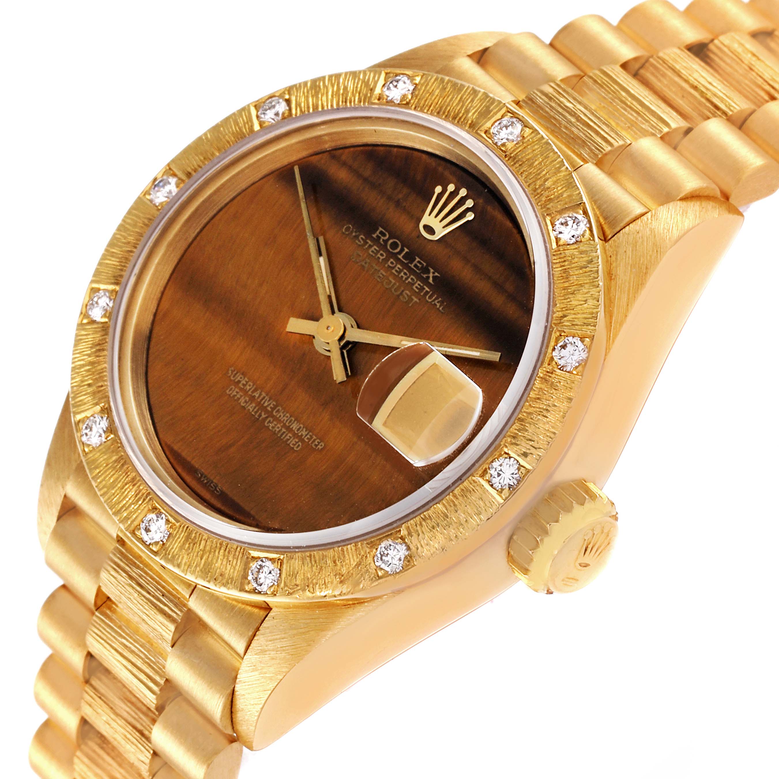 Rolex President Yellow Gold Tiger Eye Dial Diamond Ladies Watch 69288
