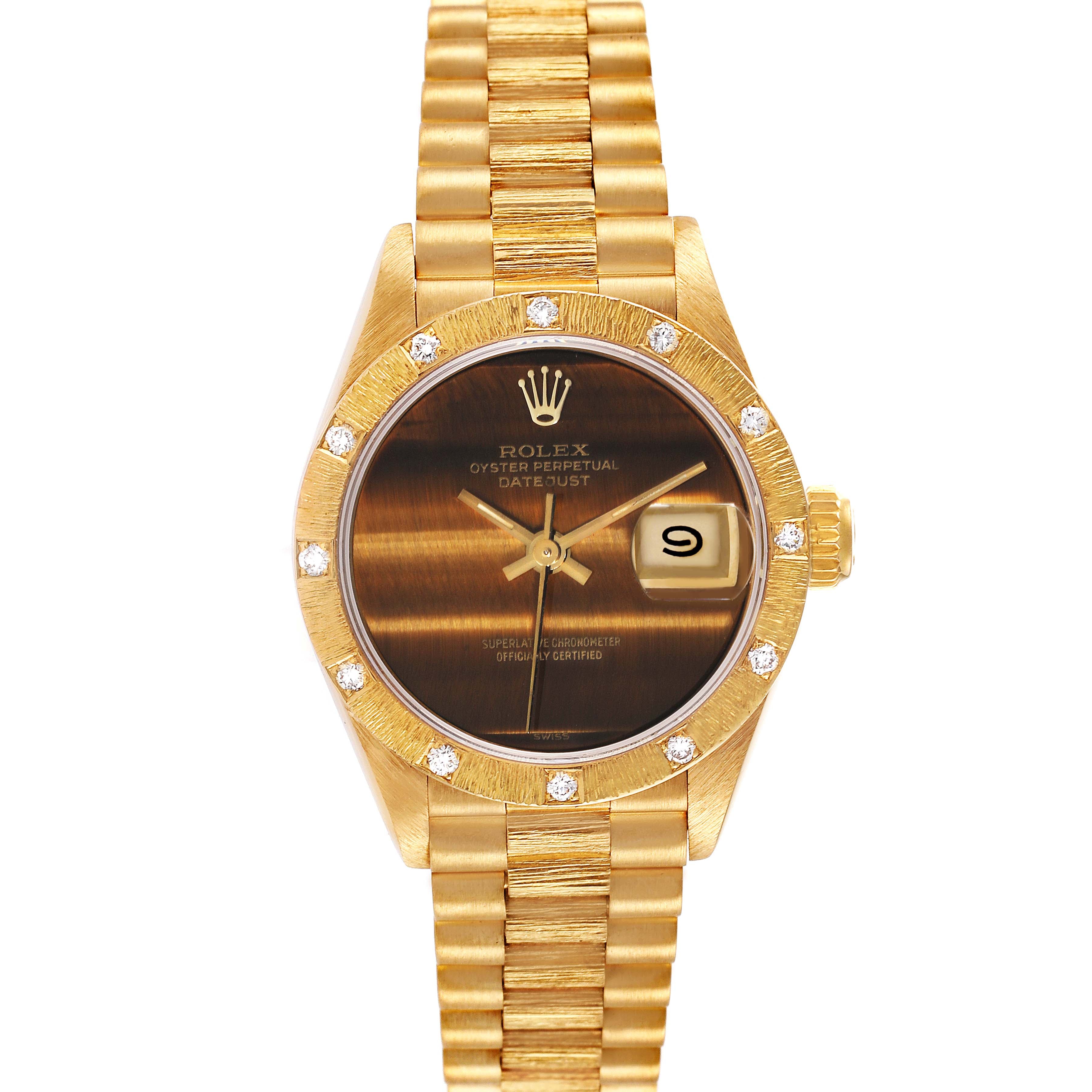 Rolex President Yellow Gold Tiger Eye Dial Diamond Ladies Watch 69288