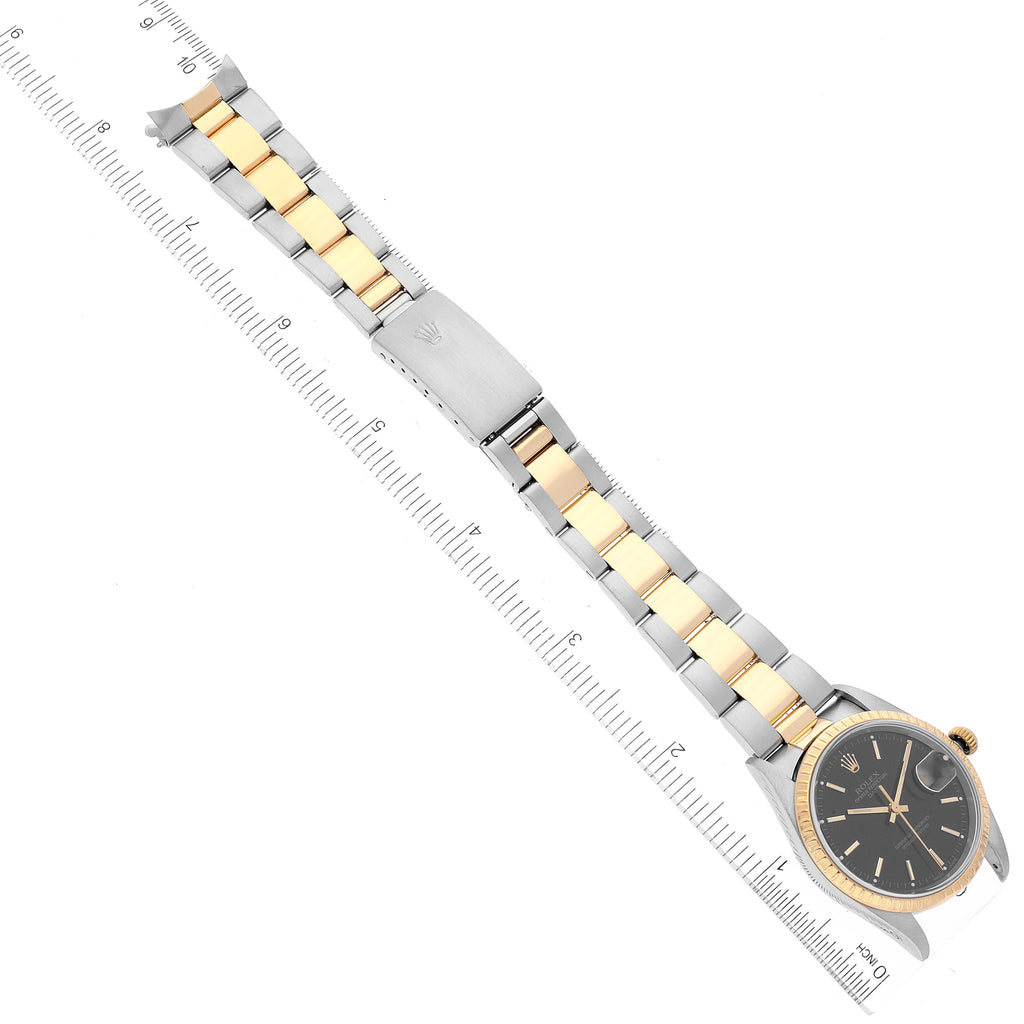Rolex Date Steel Yellow Gold Black Dial Oyster Bracelet Mens Watch 15223