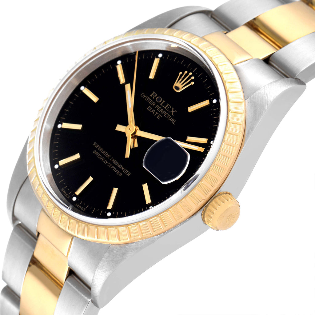 Rolex Date Steel Yellow Gold Black Dial Oyster Bracelet Mens Watch 15223