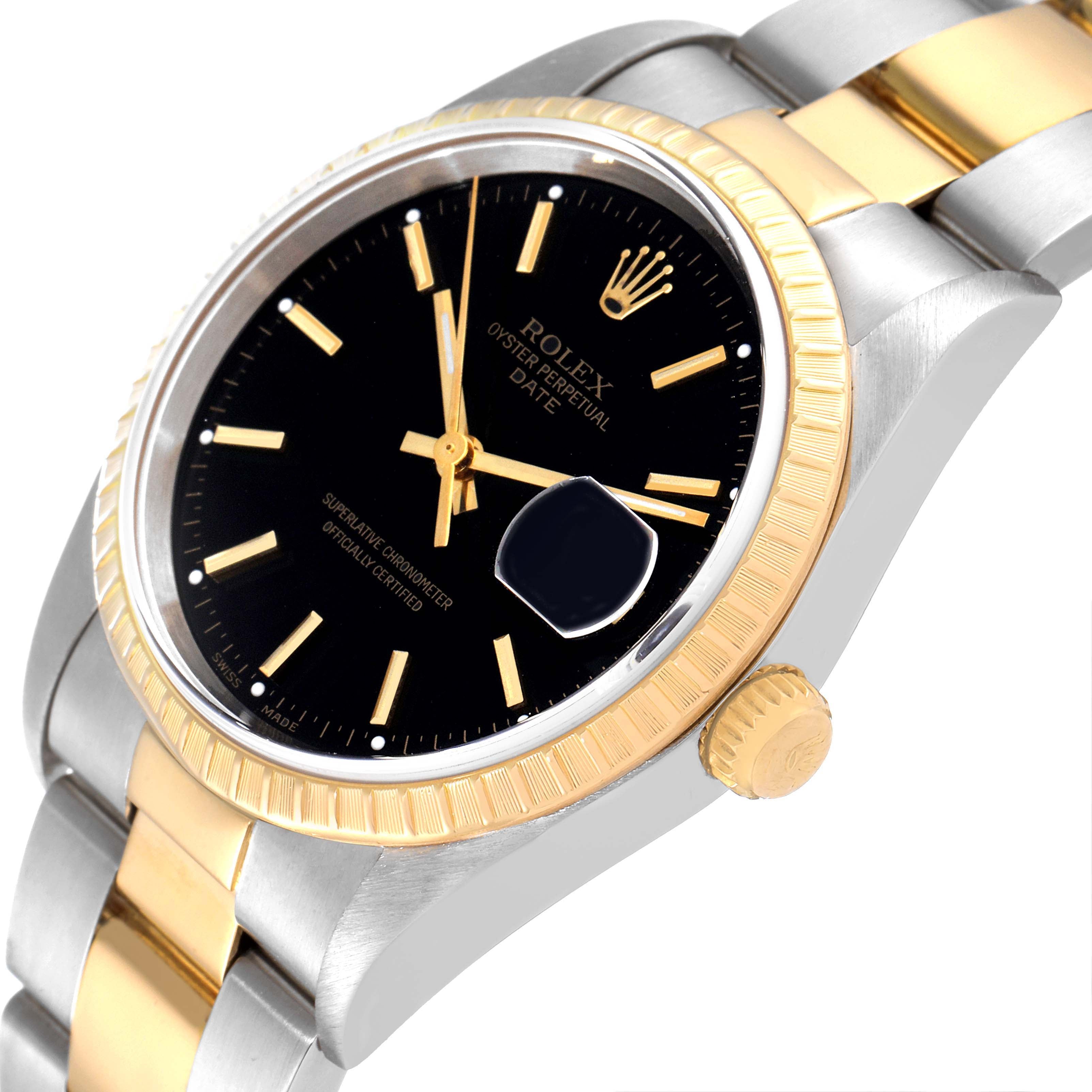 Rolex Date Steel Yellow Gold Black Dial Oyster Bracelet Mens Watch 15223