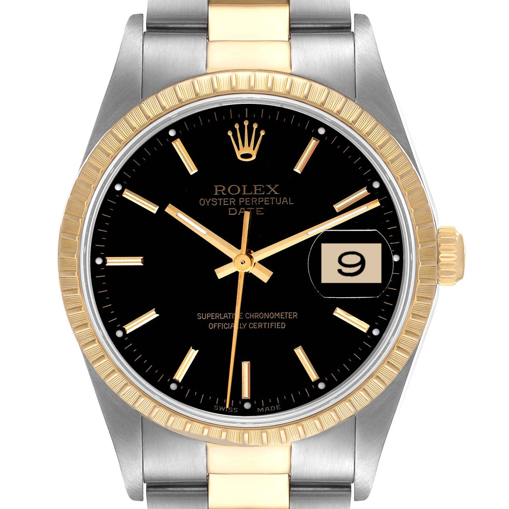 Rolex Date Steel Yellow Gold Black Dial Oyster Bracelet Mens Watch 15223