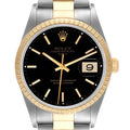 Rolex Date Steel Yellow Gold Black Dial Oyster Bracelet Mens Watch 15223