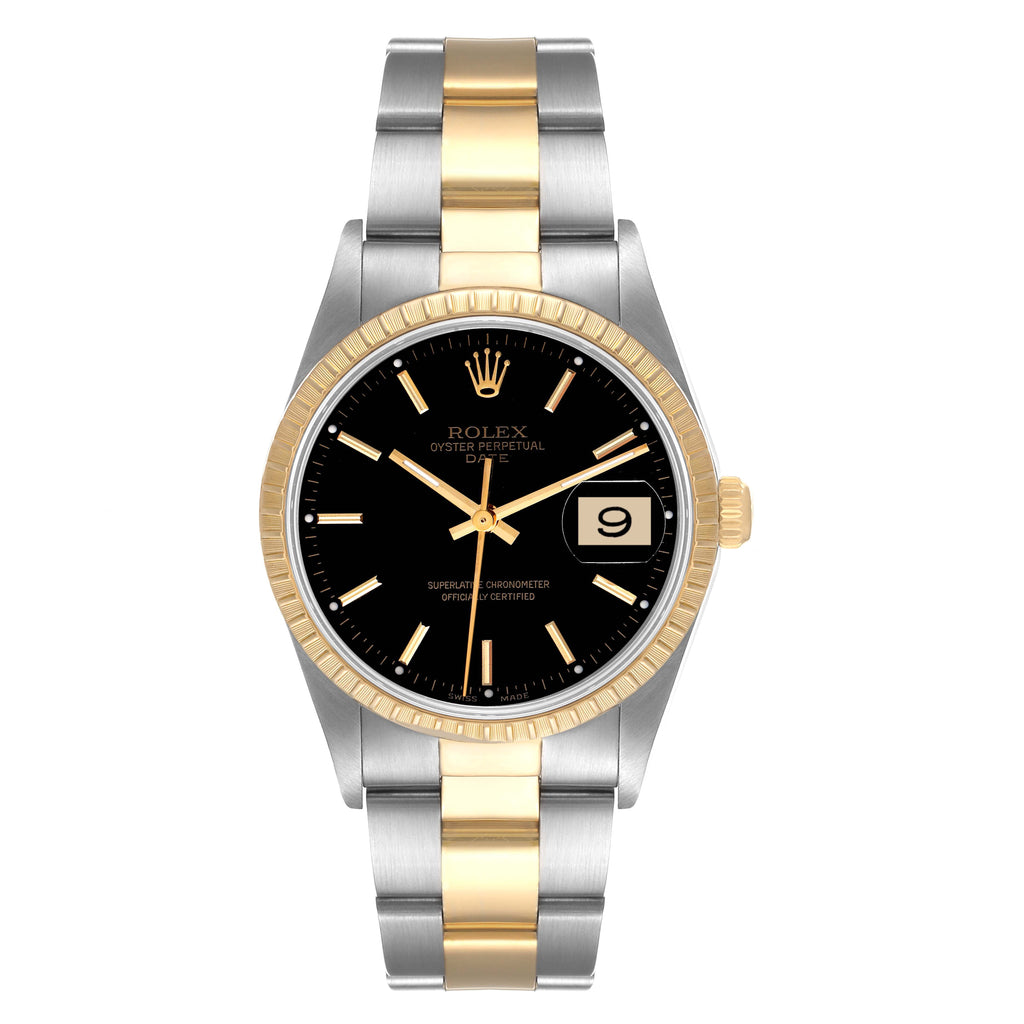 Rolex Date Steel Yellow Gold Black Dial Oyster Bracelet Mens Watch 15223