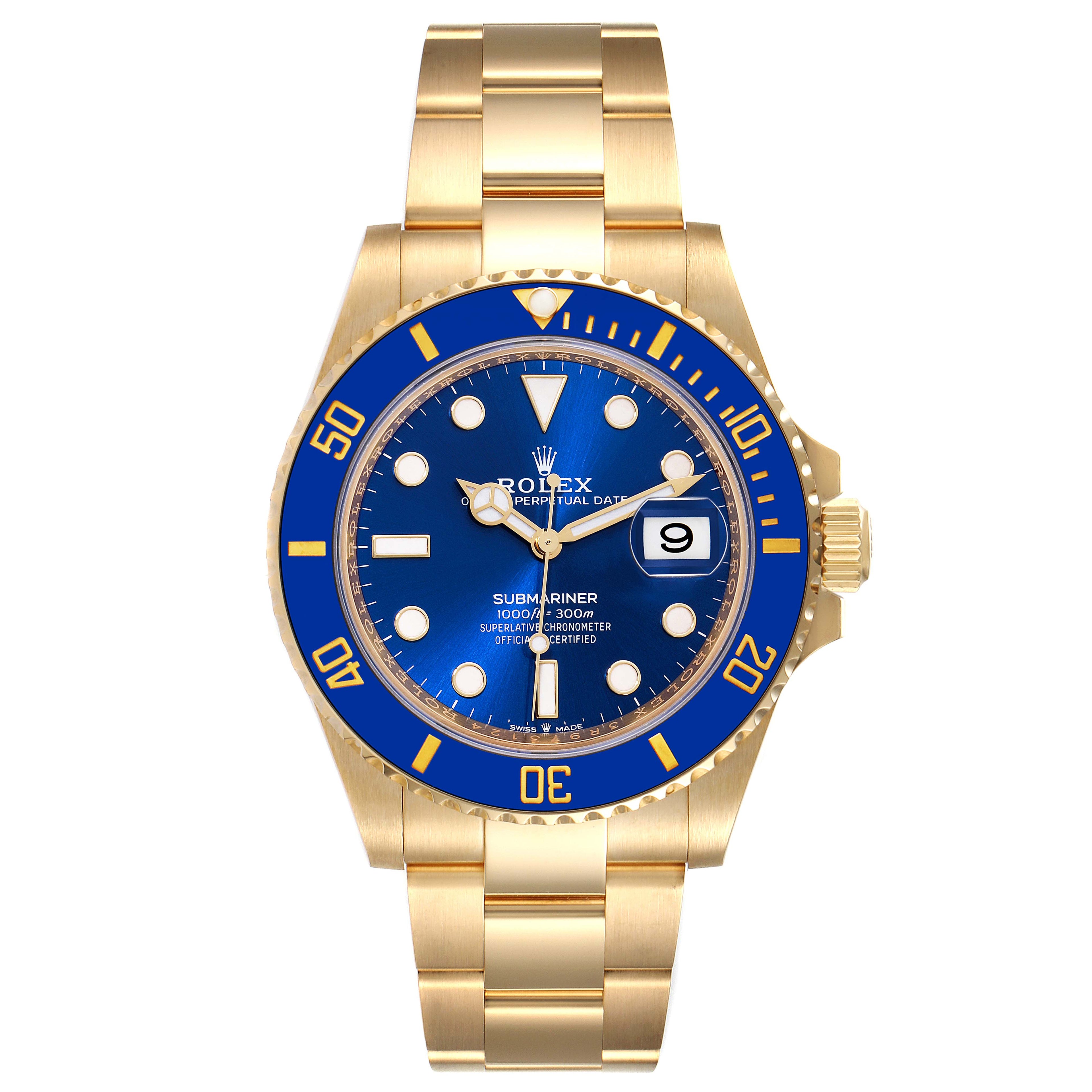 Rolex Submariner 18k Yellow Gold Blue Dial Bezel Mens Watch 126618 Box Card