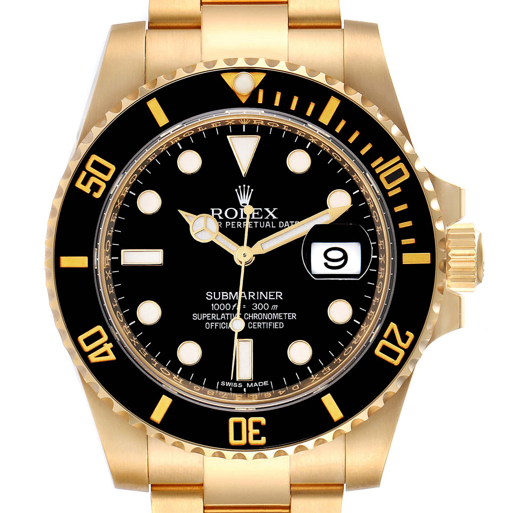 Rolex Submariner Black Dial 18k Yellow Gold Mens Watch 116618 Box Card