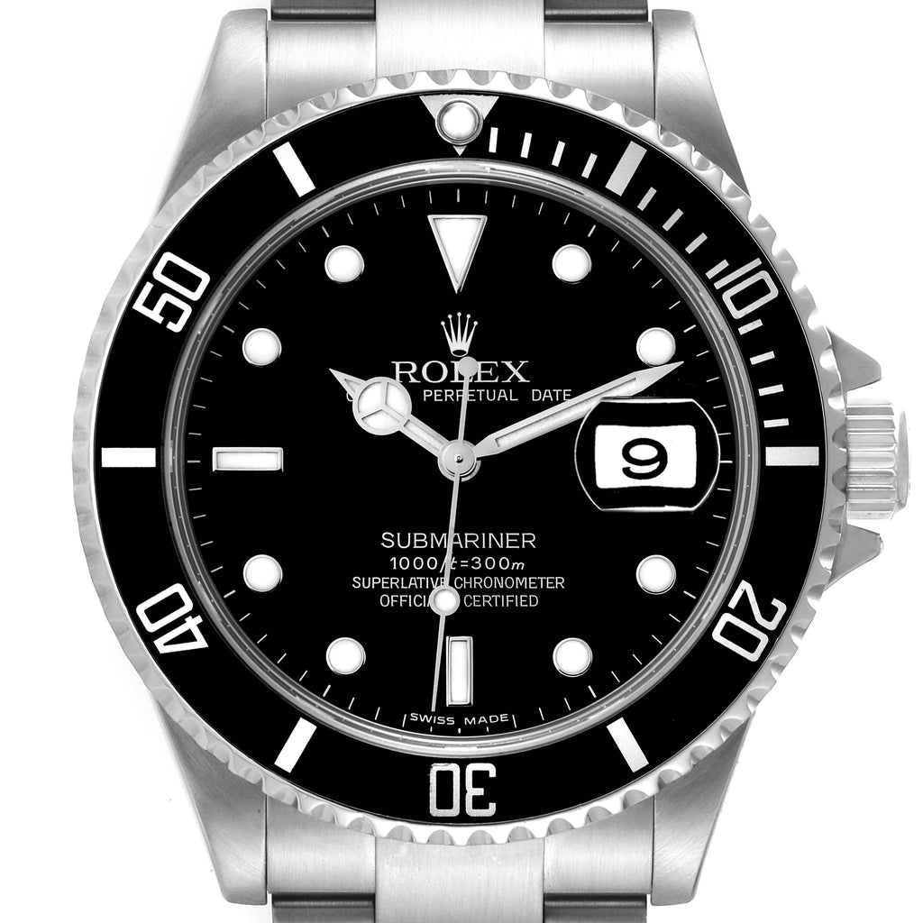 Rolex Submariner Black Dial Steel Mens Watch 16610 Box Service Card