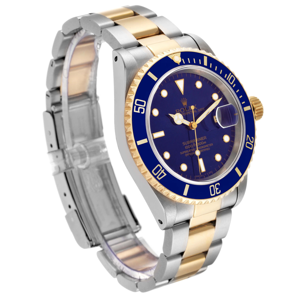 Rolex Submariner Blue Dial Purple Hue Steel Yellow Gold Mens Watch 16613