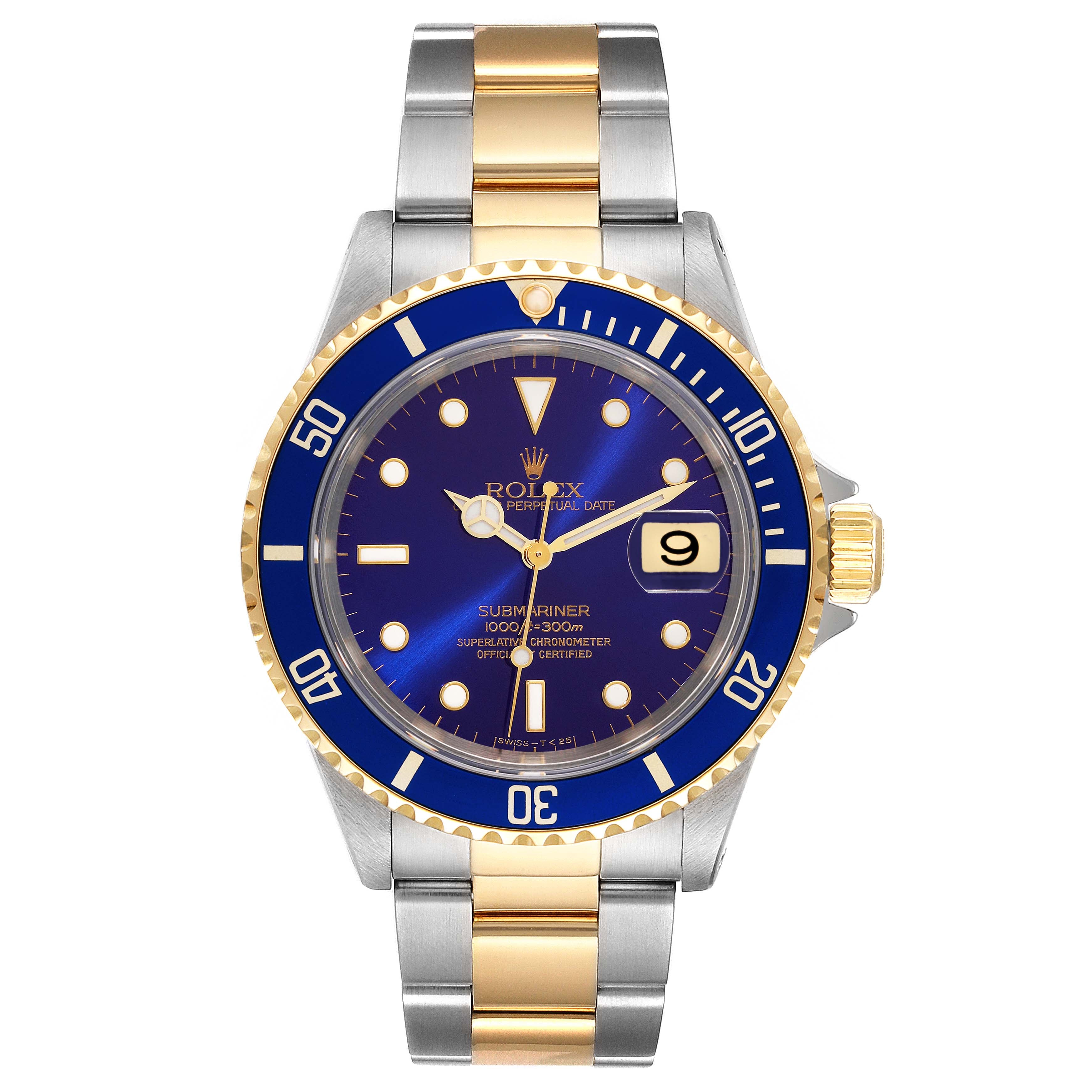 Rolex Submariner Blue Dial Purple Hue Steel Yellow Gold Mens Watch 16613