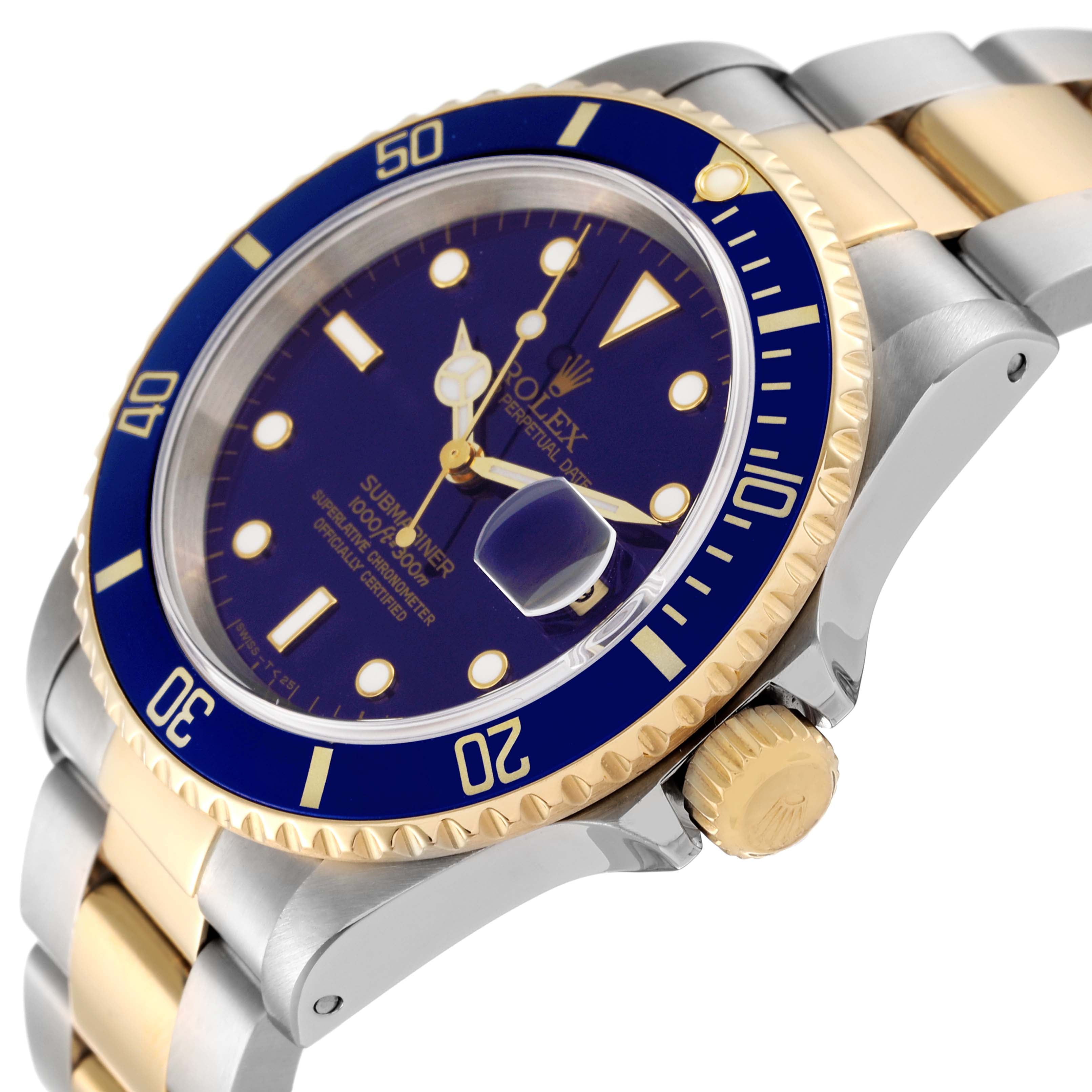 Rolex Submariner Blue Dial Purple Hue Steel Yellow Gold Mens Watch 16613