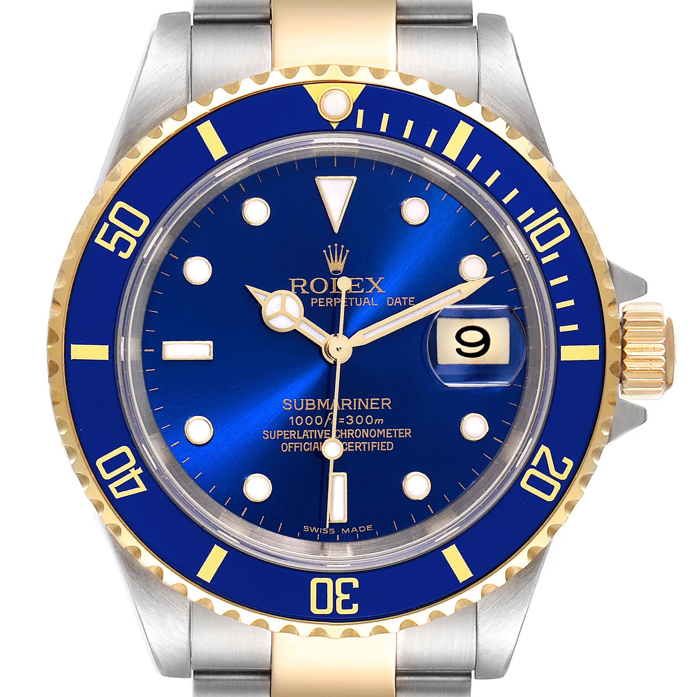 Rolex Submariner Blue Dial Steel Yellow Gold Mens Watch 16613 Box Papers + 1 extra link