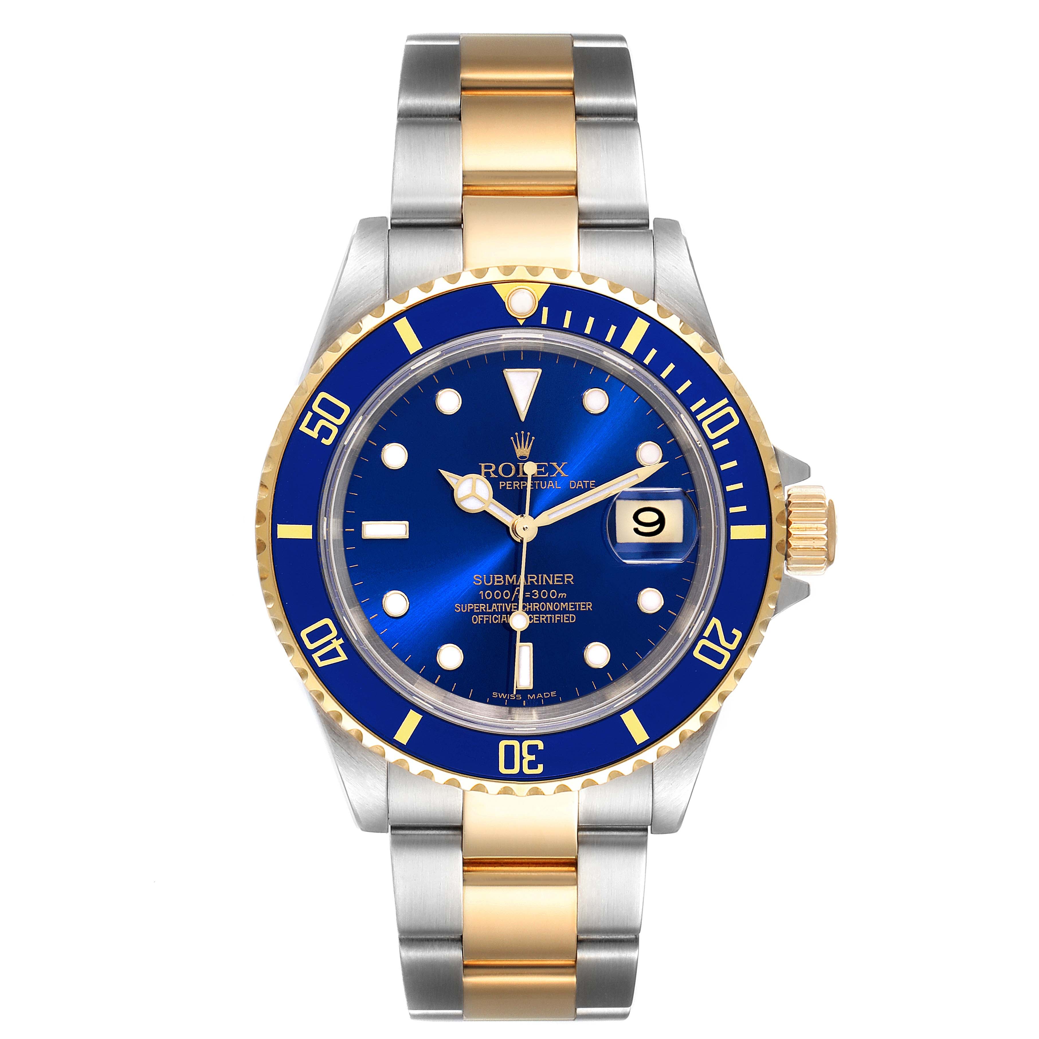 Rolex Submariner Blue Dial Steel Yellow Gold Mens Watch 16613 Box Papers + 1 extra link