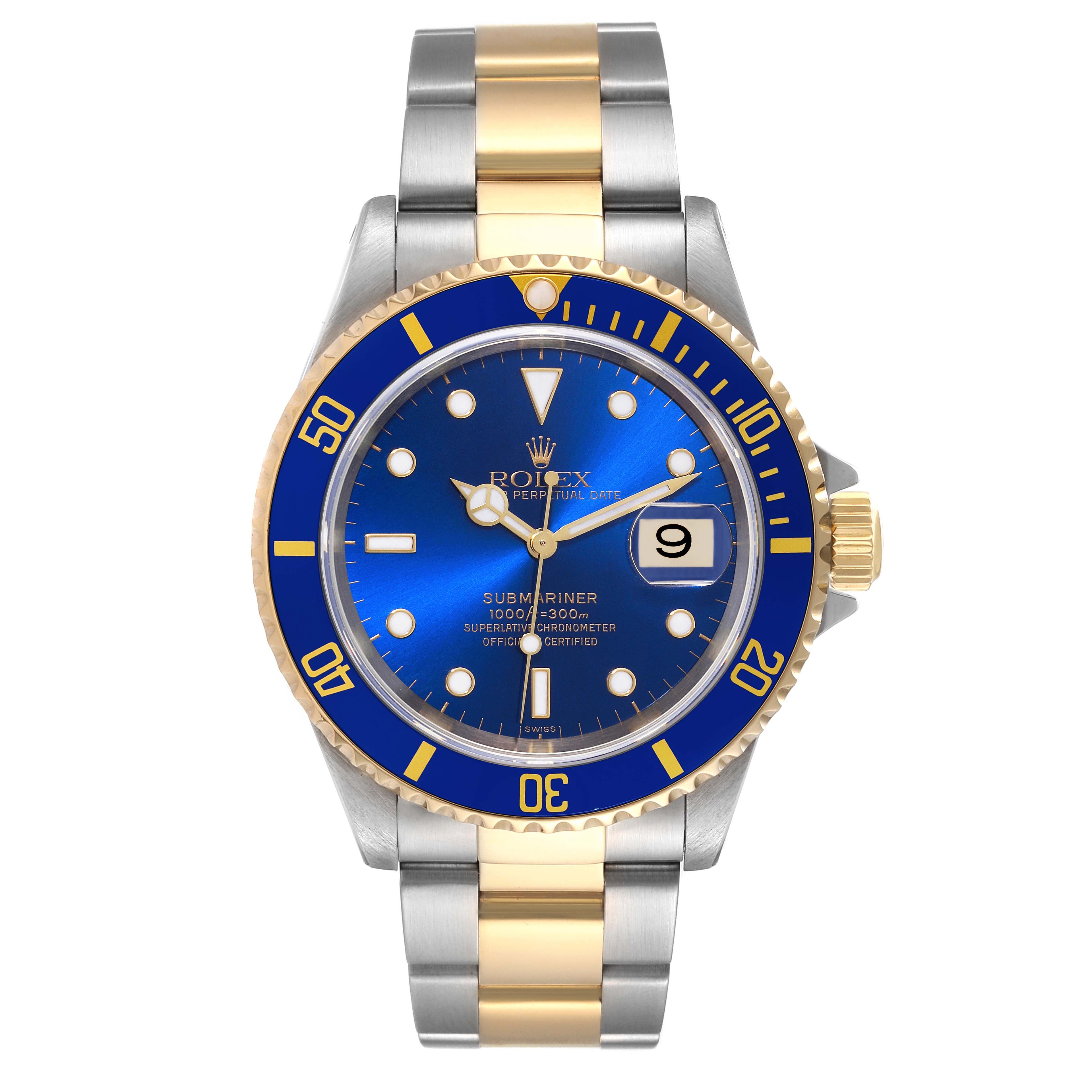 Rolex Submariner Blue Dial Steel Yellow Gold Mens Watch 16613 Box Papers + 2 extra links