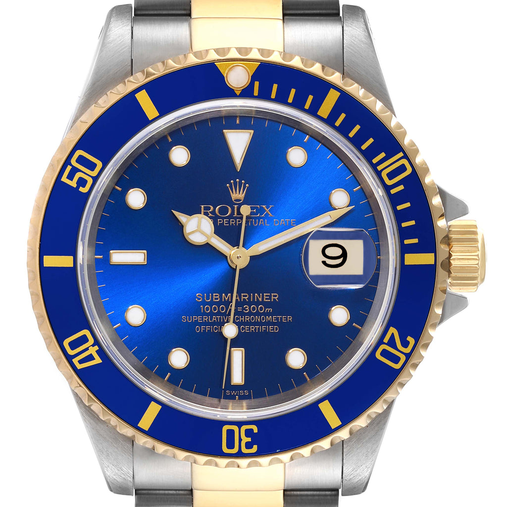 Rolex Submariner Blue Dial Steel Yellow Gold Mens Watch 16613 Box Papers + 2 extra links