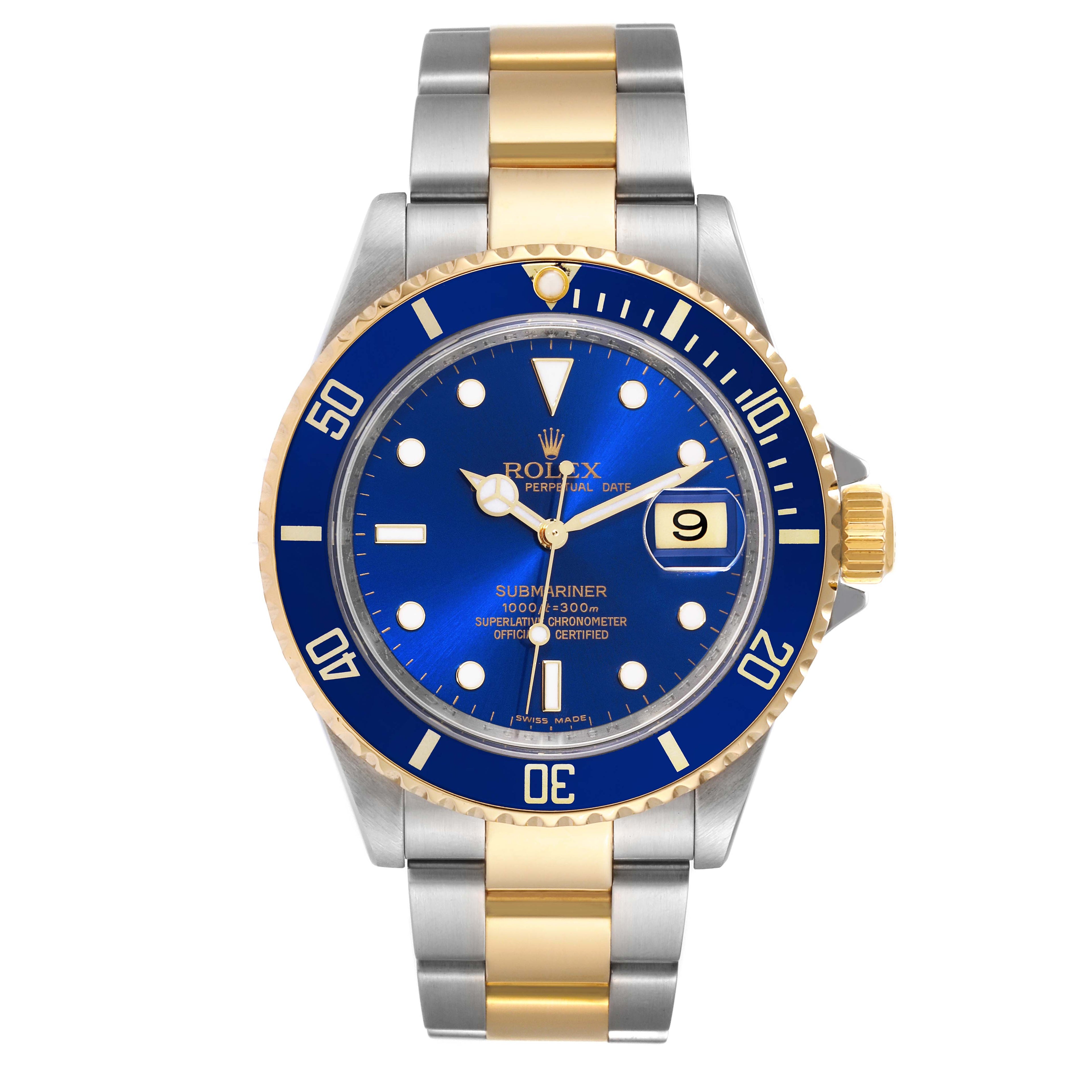 Rolex Submariner Blue Dial Steel Yellow Gold Mens Watch 16613 Box Service Card