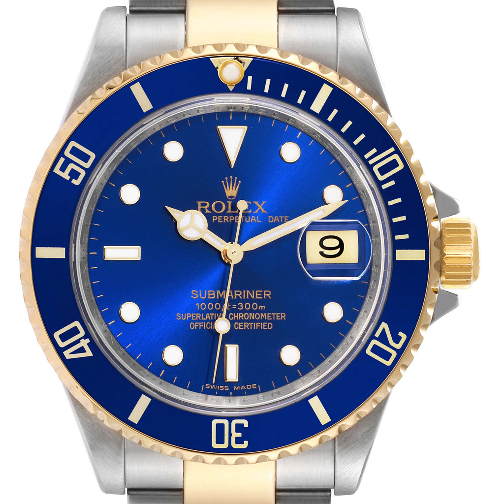 Rolex Submariner Blue Dial Steel Yellow Gold Mens Watch 16613 Box Service Card