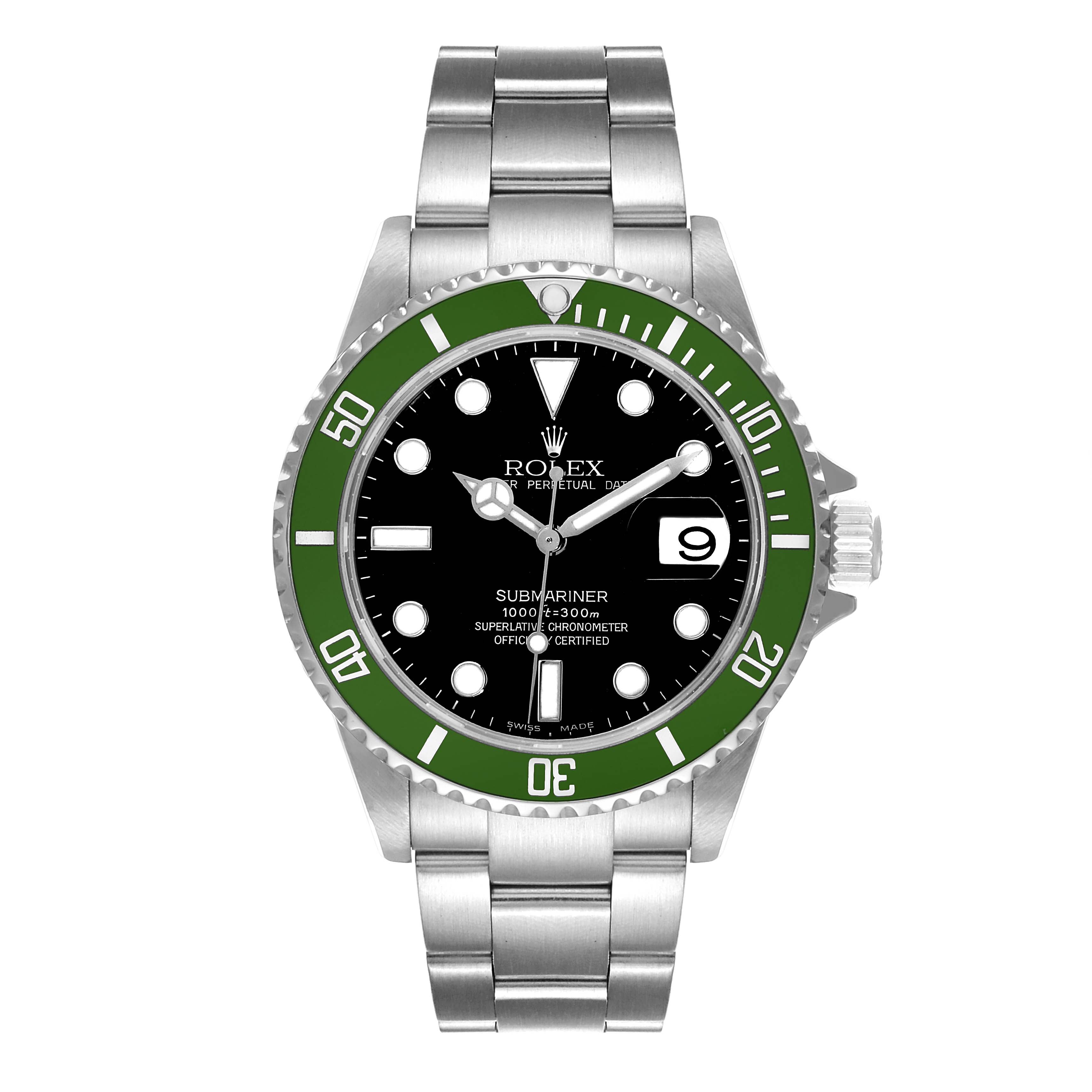 Rolex Submariner 50th Anniversary Green Bezel Flat 4 Steel Mens Watch 16610LV