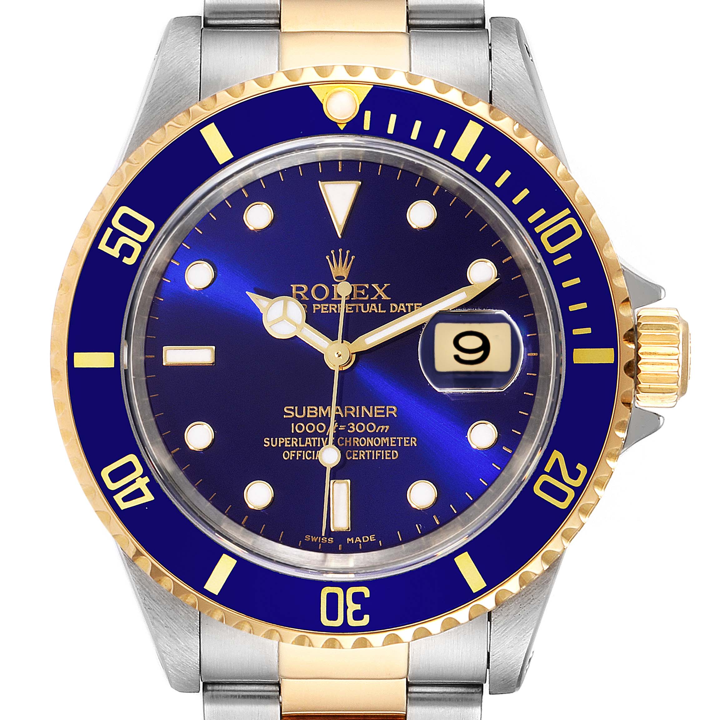 Rolex Submariner Purple Blue Dial Steel Yellow Gold Mens Watch 16613