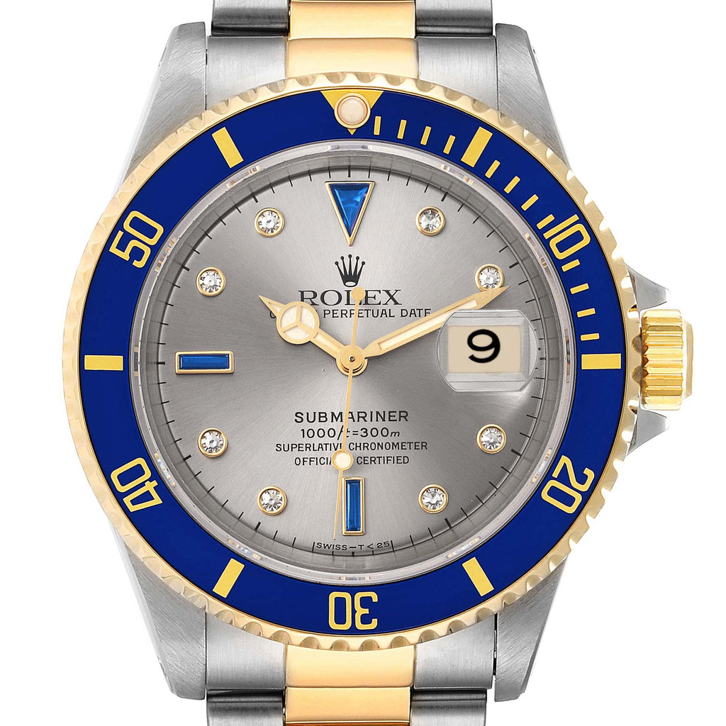 Rolex Submariner Steel Gold Diamond Sapphire Serti Dial Watch 16613