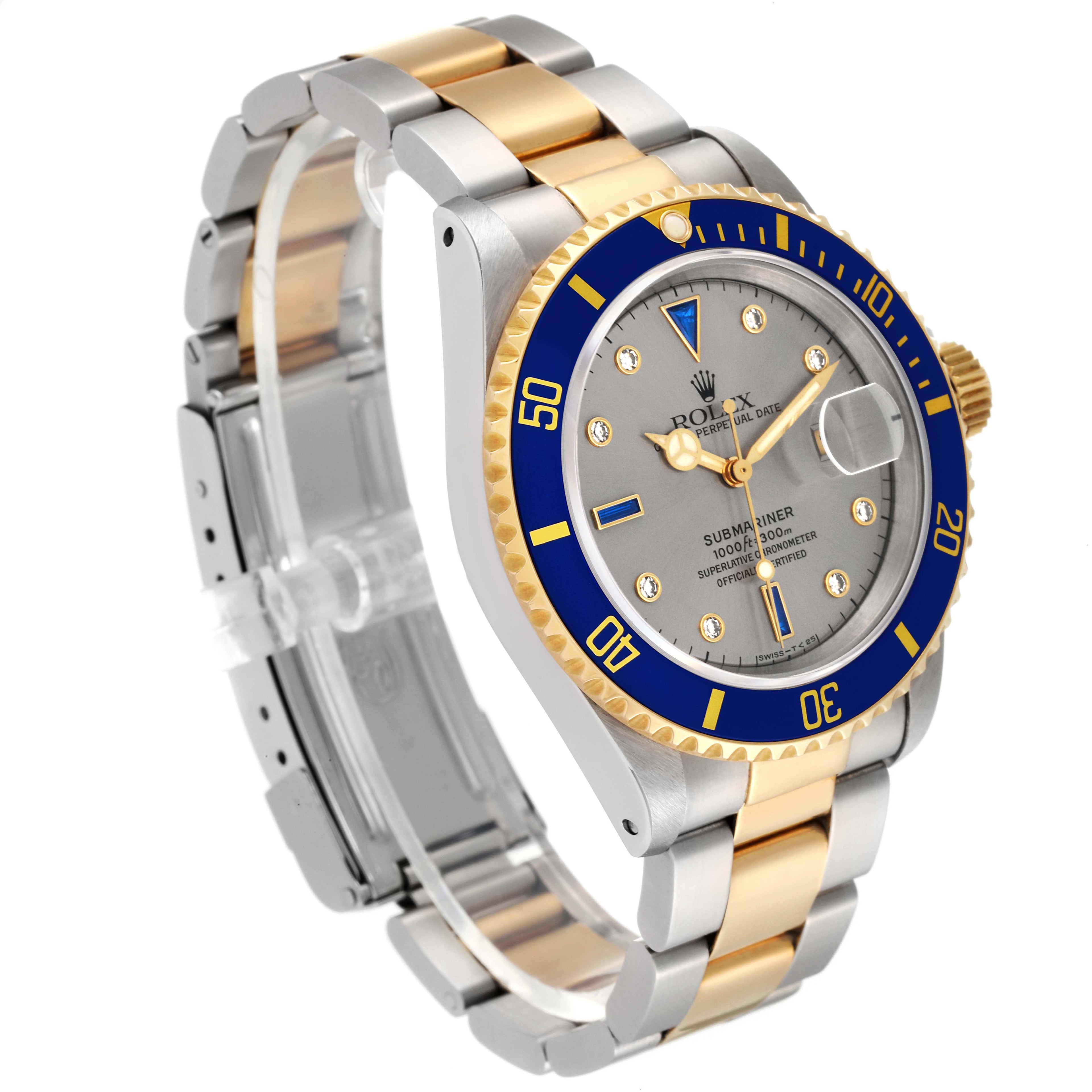 Rolex Submariner Steel Gold Diamond Sapphire Serti Dial Watch 16613