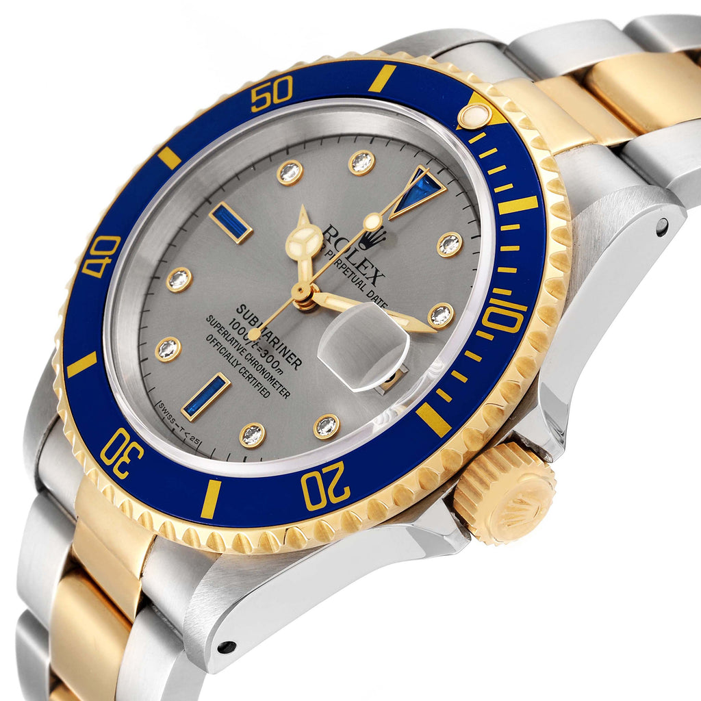 Rolex Submariner Steel Gold Diamond Sapphire Serti Dial Watch 16613