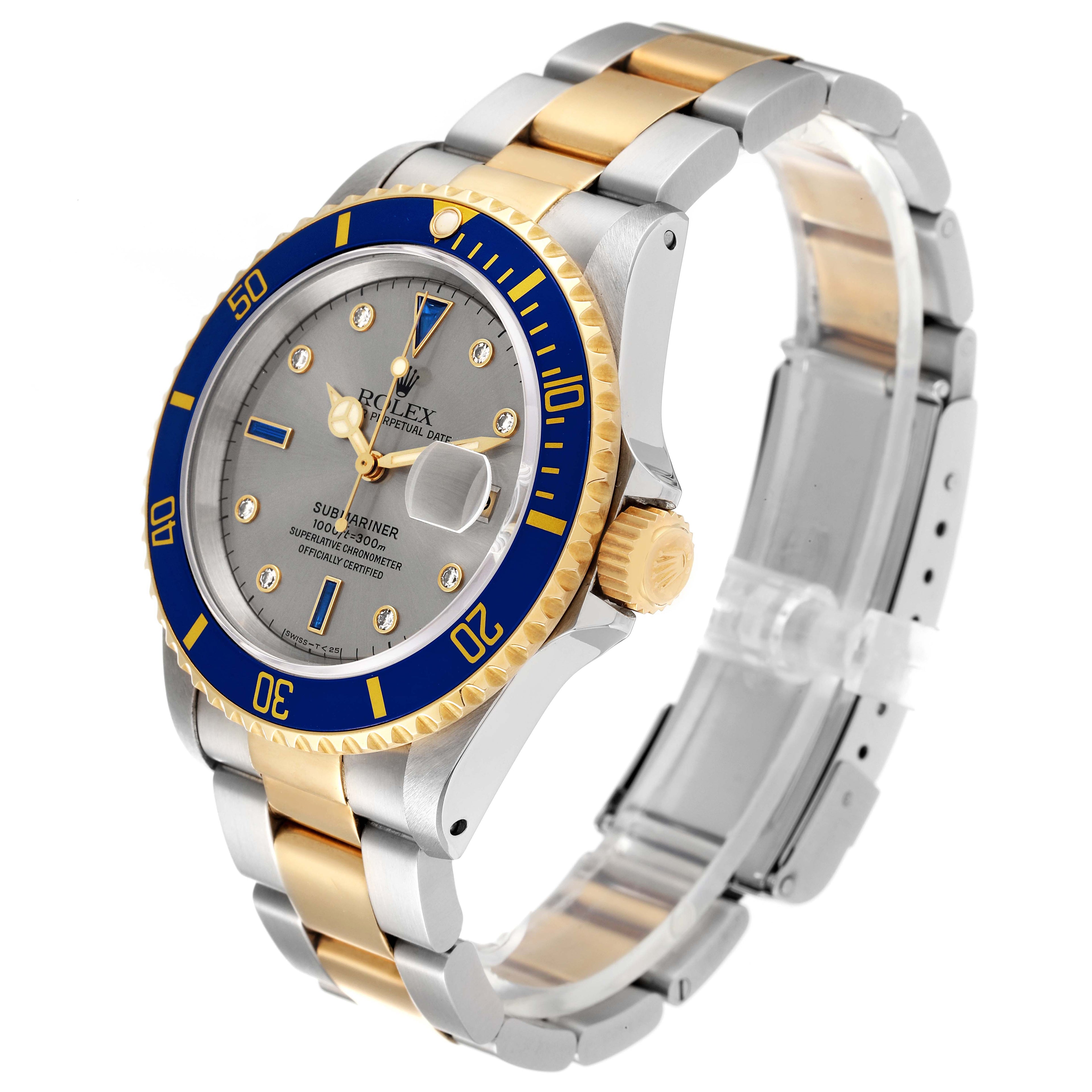 Rolex Submariner Steel Gold Diamond Sapphire Serti Dial Watch 16613