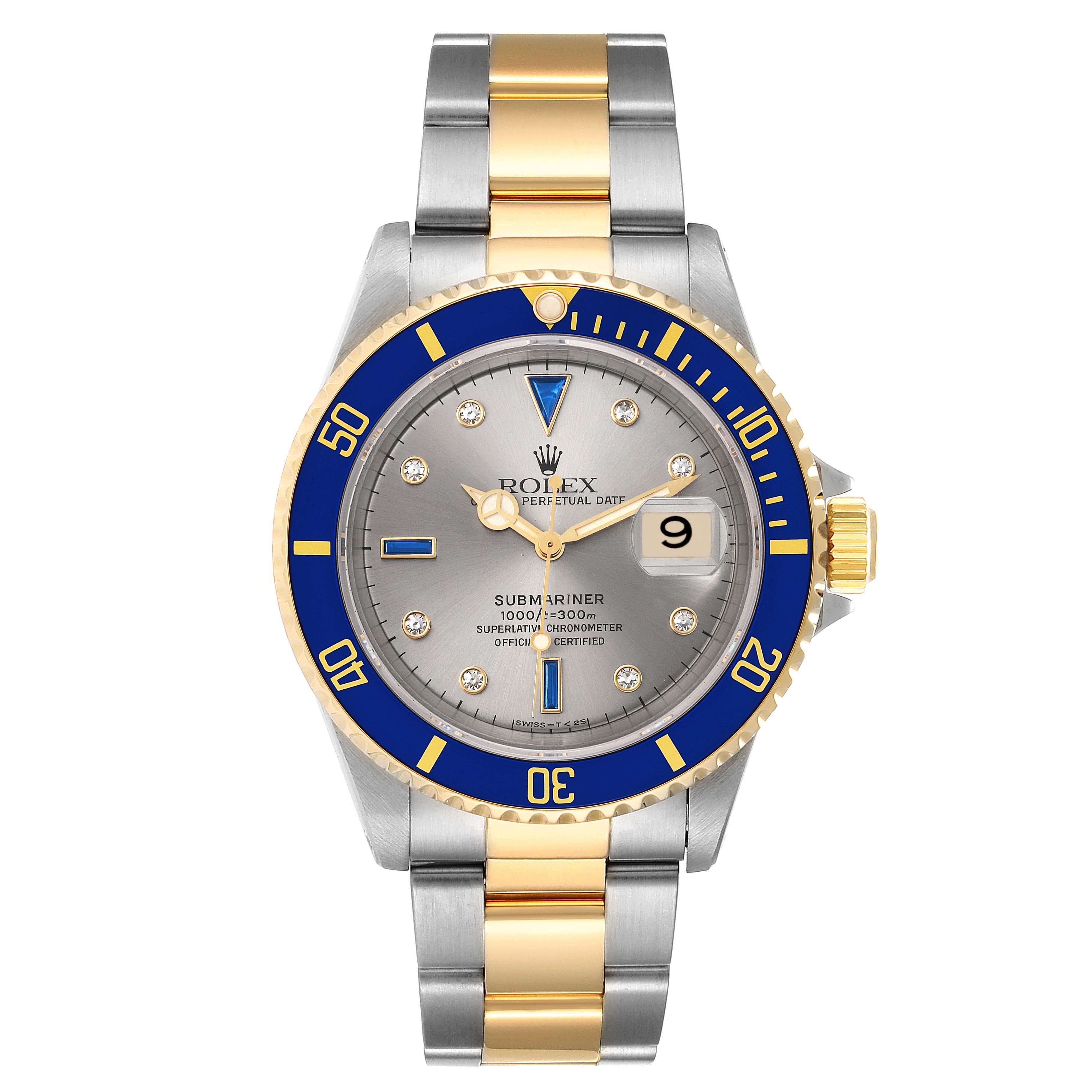 Rolex Submariner Steel Gold Diamond Sapphire Serti Dial Watch 16613