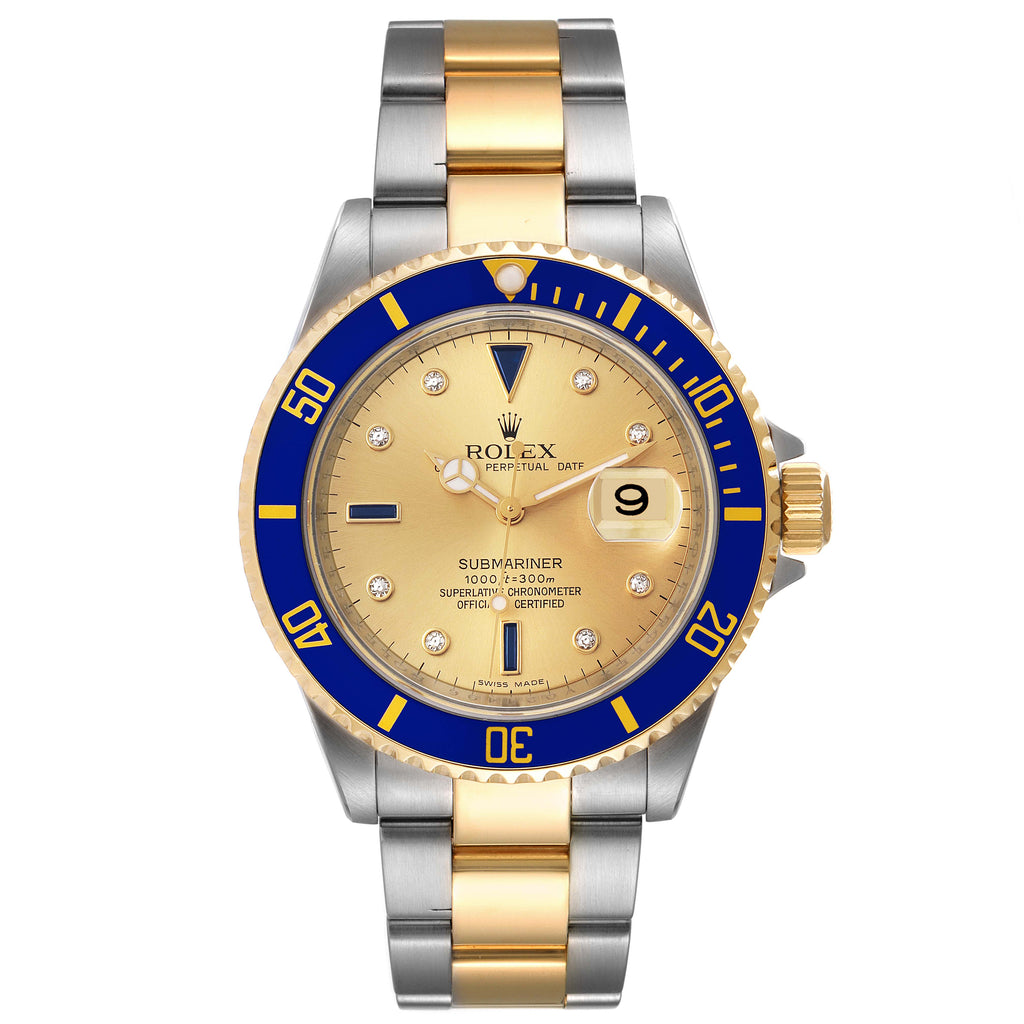 Rolex Submariner Steel Gold Diamond Sapphire Serti Dial Watch 16613 Box Card